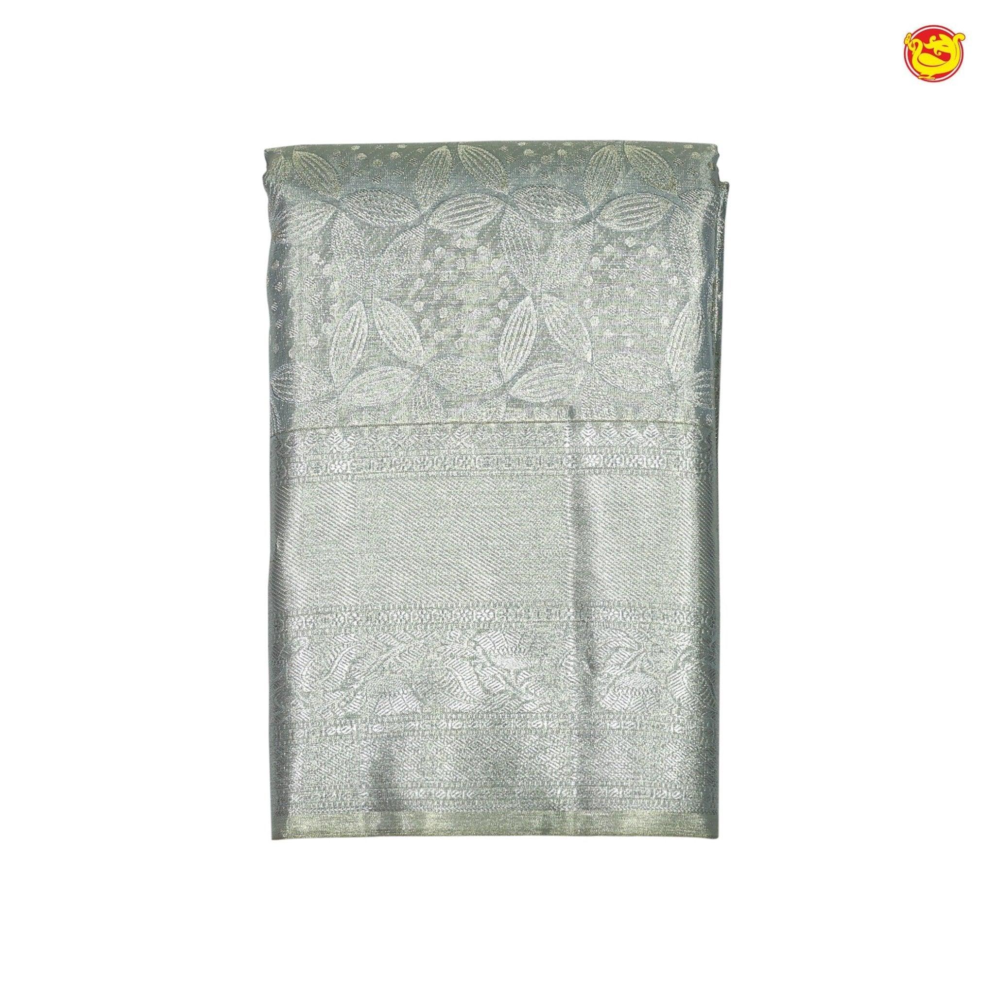 Grey with Silver Geometric Silver Zari Floral Motifs Long Border Wedding Silk Saree