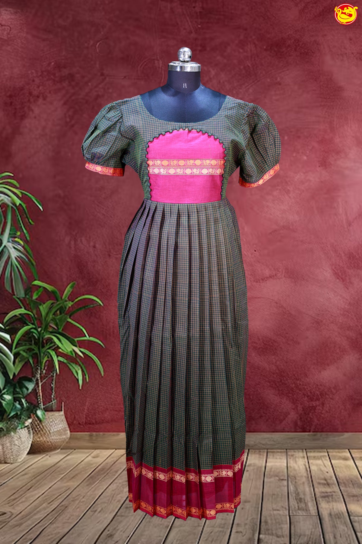 Mehandi Green with Pink Ladies Branded Readymade Chettinad Cotton Gown