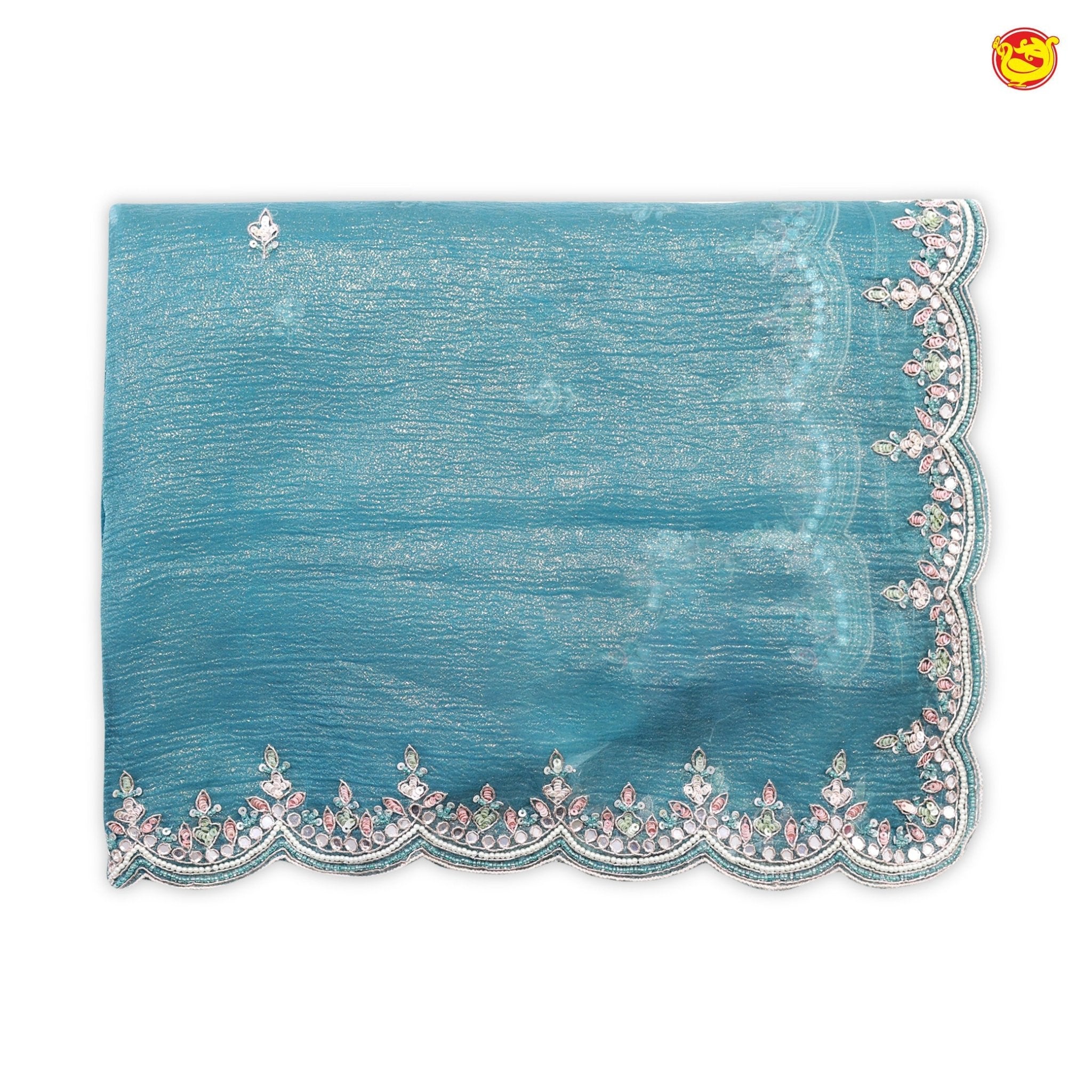 Water Blue Floral Buttas Body Embroidery cut work Tissue Crush Work Saree