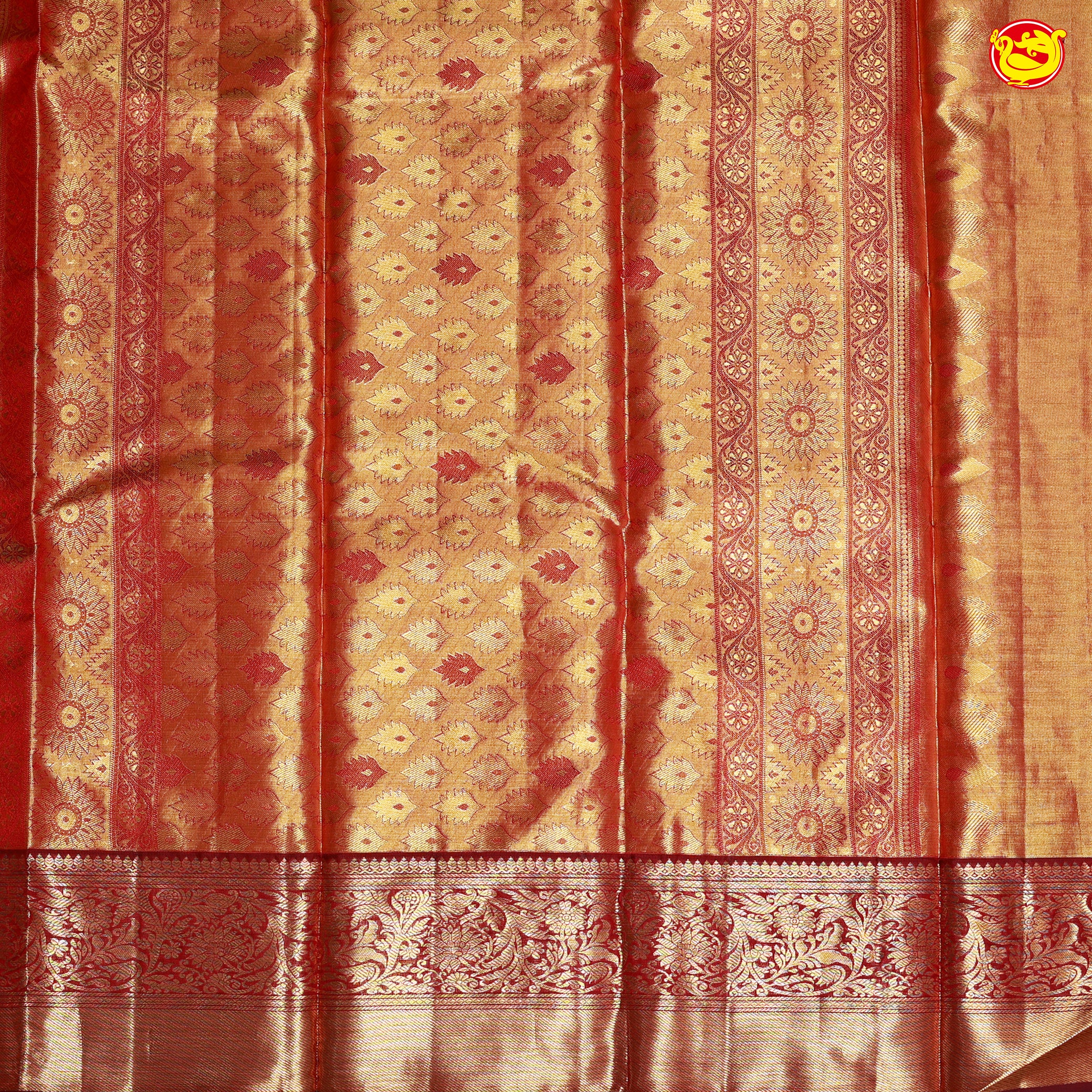 Honey Brown Floral Motifs Tissue Wedding Silk Saree