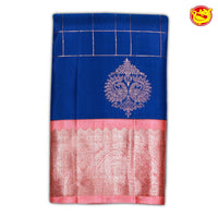 Royal Blue Checked Traditional Buttas Gold Zari Floral Border Pure Kanjivaram Soft Silk Saree - Thenianantham