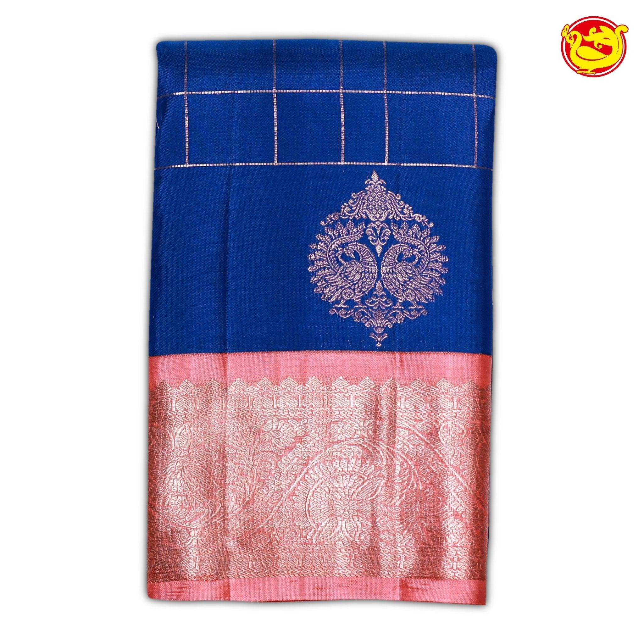 Royal Blue Checked Traditional Buttas Gold Zari Floral Border Pure Kanjivaram Soft Silk Saree