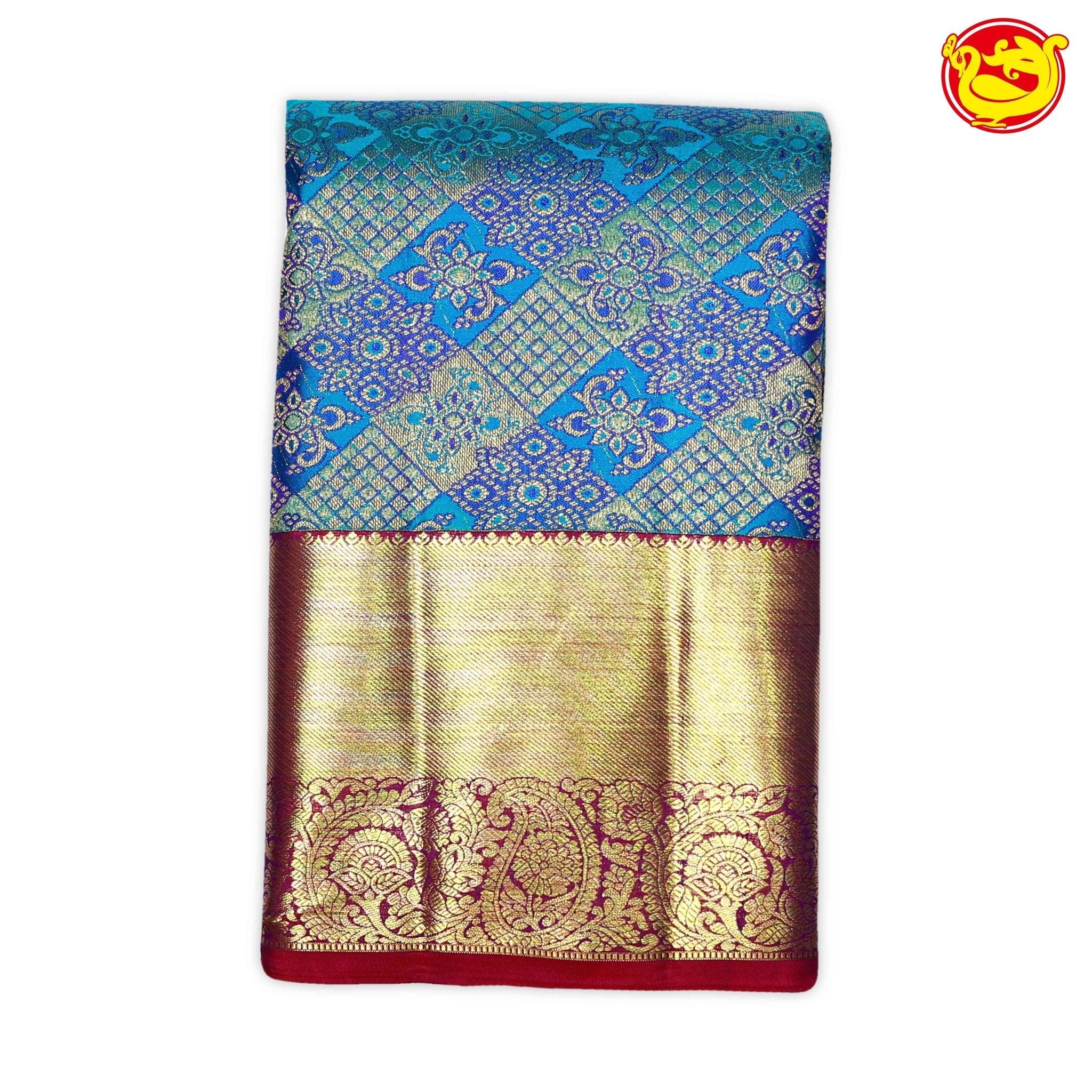 Capri Blue Floral Pattern Gold Zari Mango Motifs Border Pure Kanjivaram Subhalaya Wedding Silk Saree