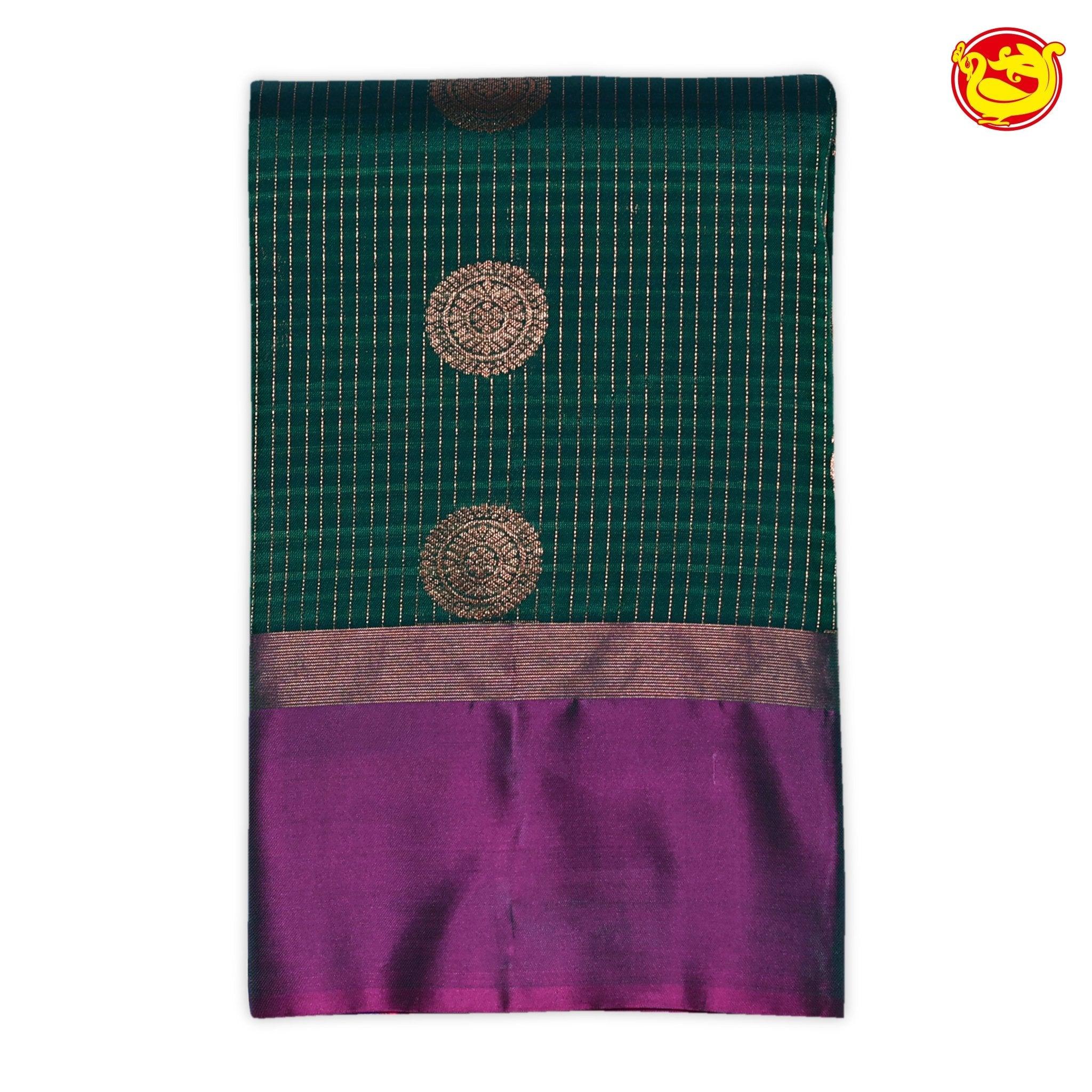 Bottle Green Checked Round Buttas Gold Zari Pure Kanjivaram Soft Silk Saree