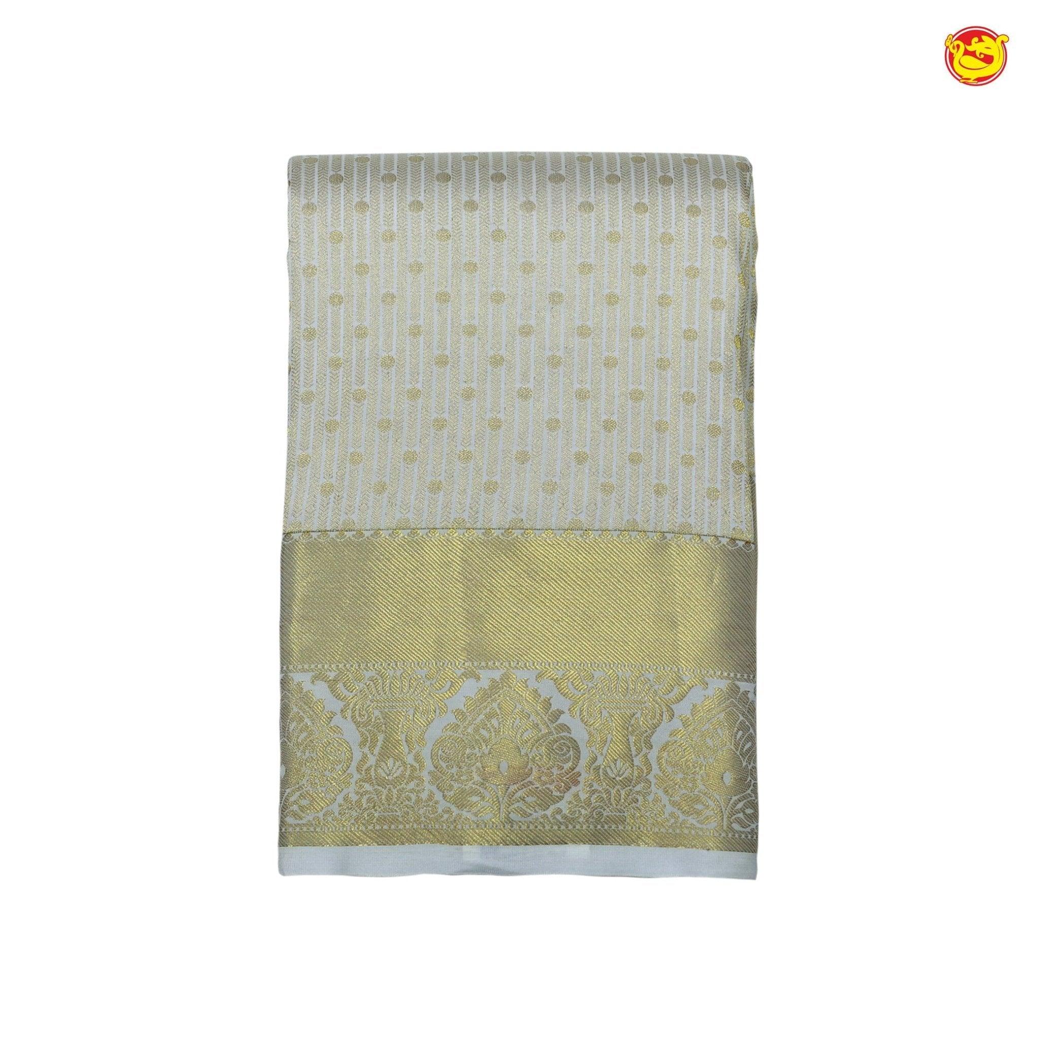 Creamy White Jacquard Gold Zari Leafs Motifs Pure Kanjivaram Wedding Silk Saree