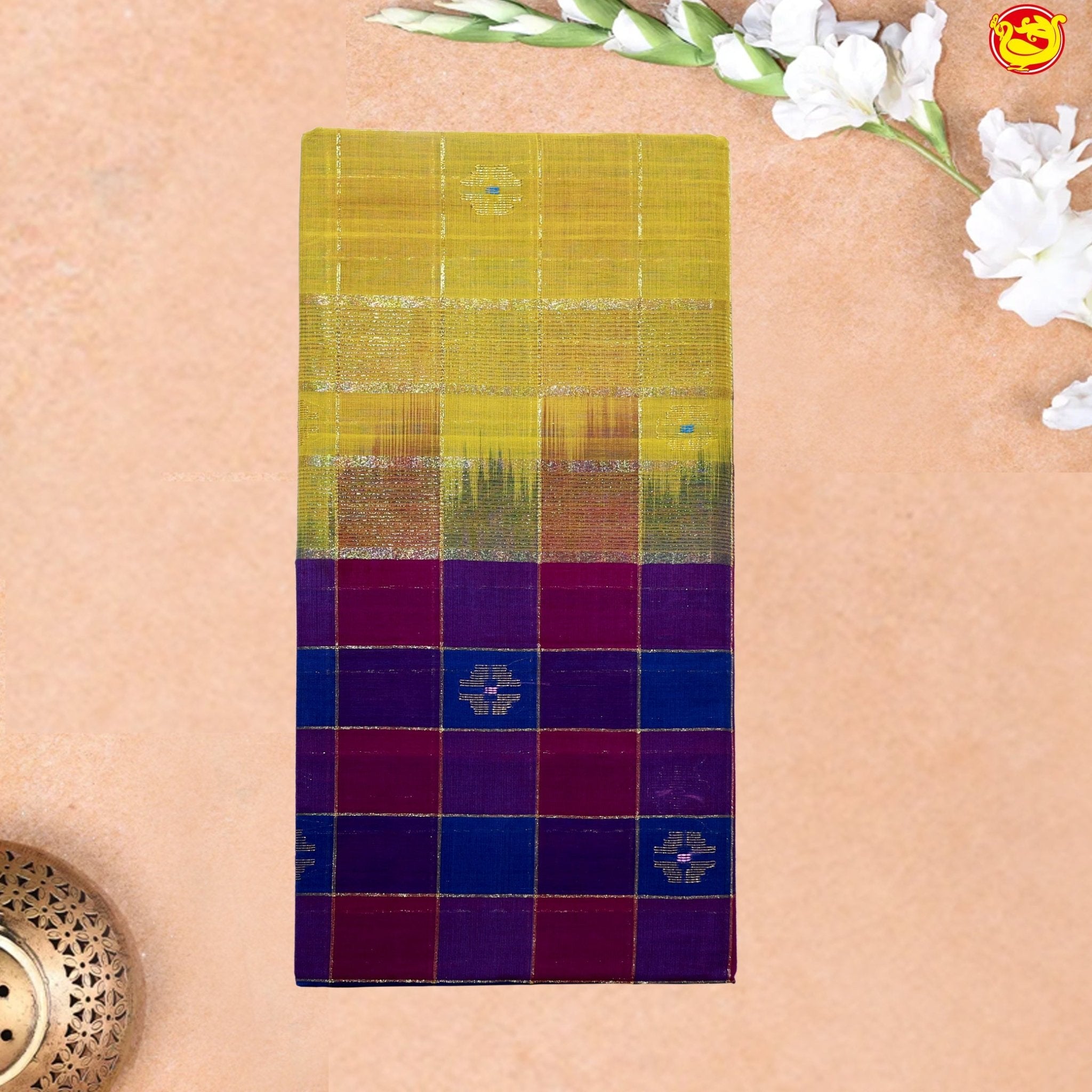 Ink Blue with Maroon Checked Gold Zari Border Yellow Floral Pallu Venkatagiri Pure Cotton without Blouse