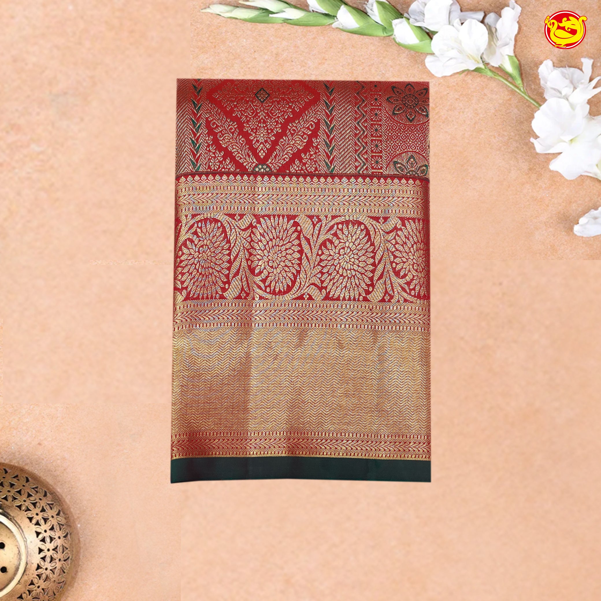 Cherry Red with Golden Zari Long Border Wedding Silk Saree