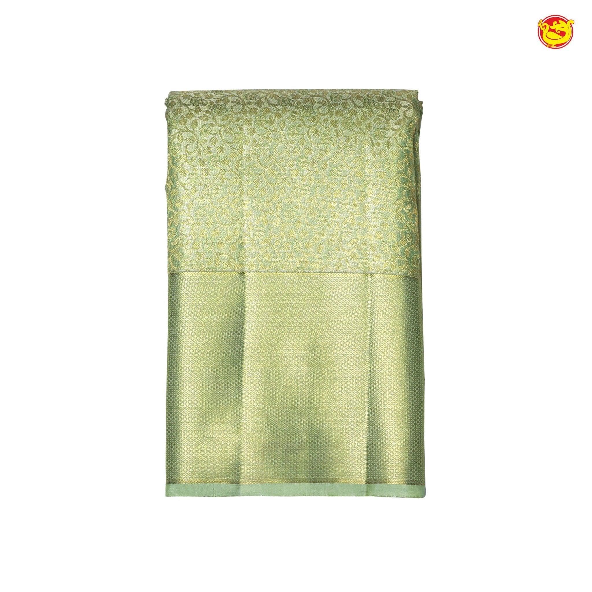 Pista Green Floral Motifs Gold Zari Long Border Pure Kanjivaram Wedding Silk Saree