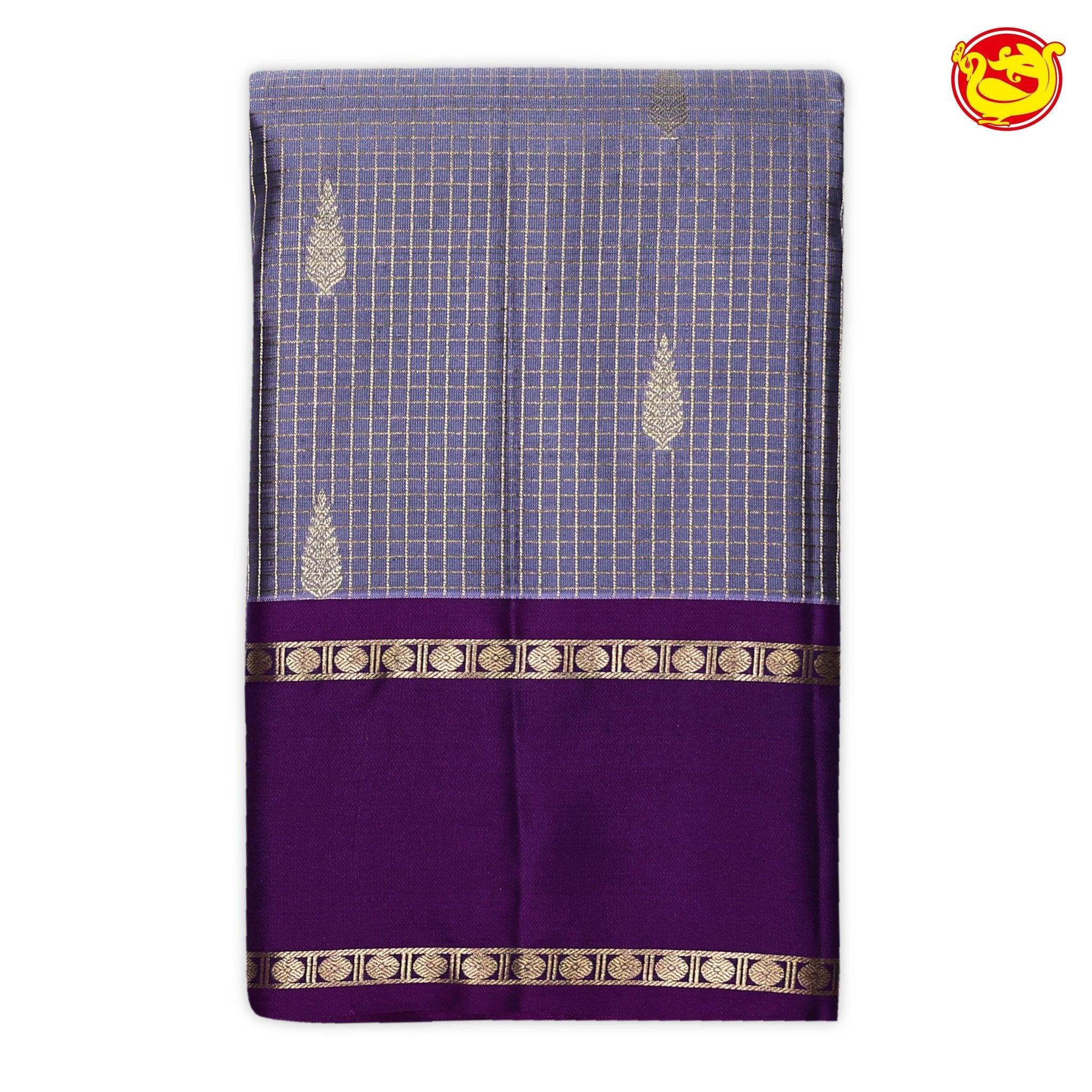 Purple with Magenta Checked Buttas Gold Zari Border Pure Kanjivaram Soft Silk Saree