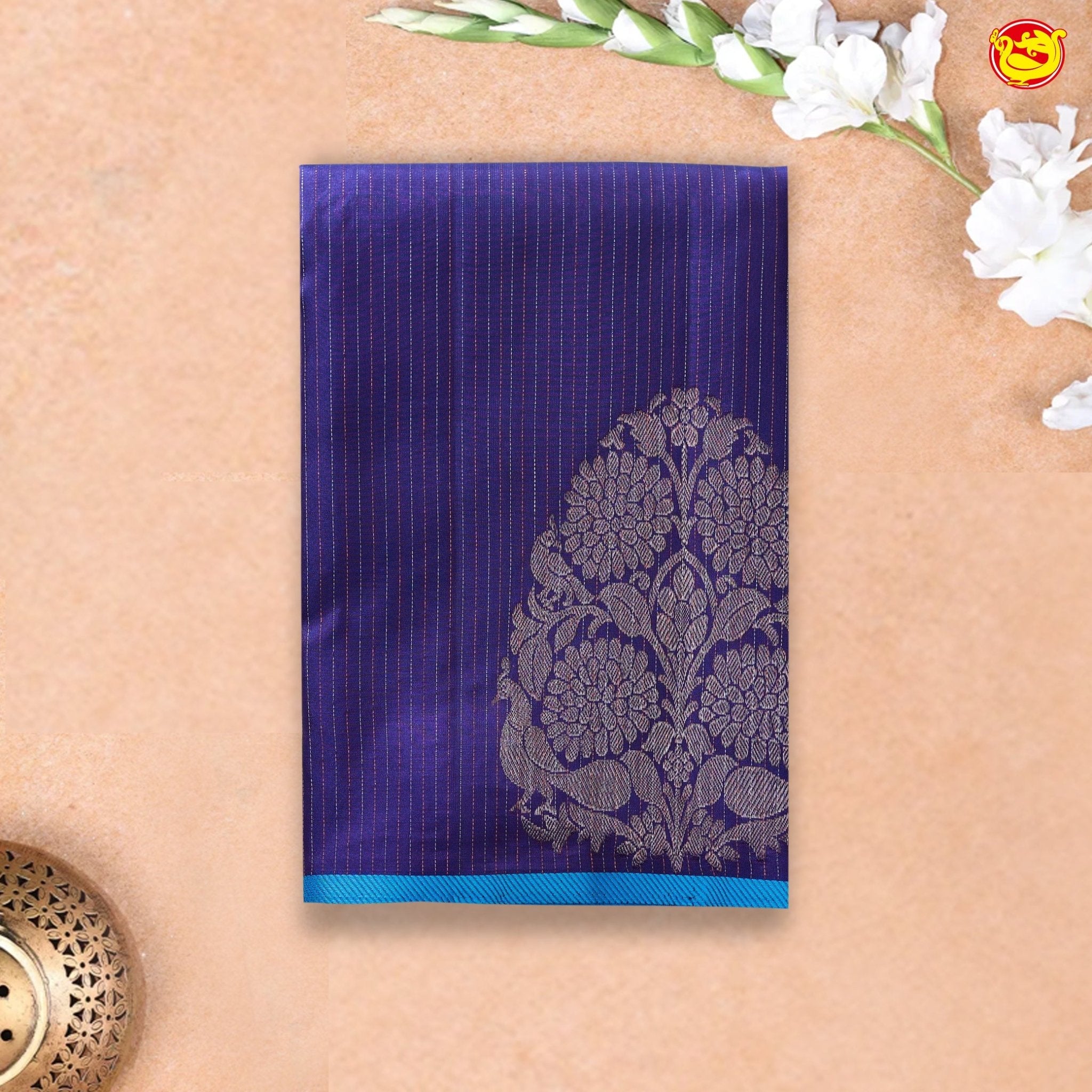 Royal Blue with Sky Blue Floral Motifs Soft Silk Saree - Thenianantham