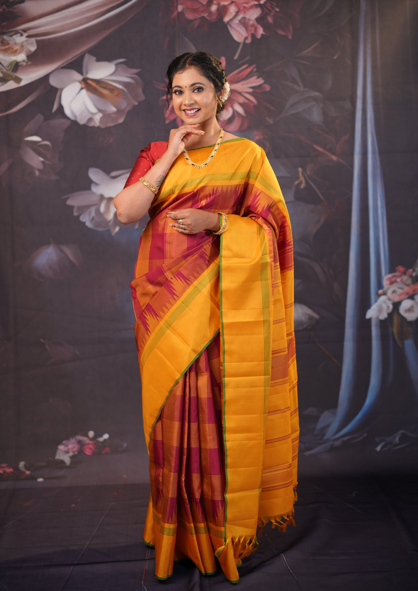 Red With Yellow pure Arani silk saree