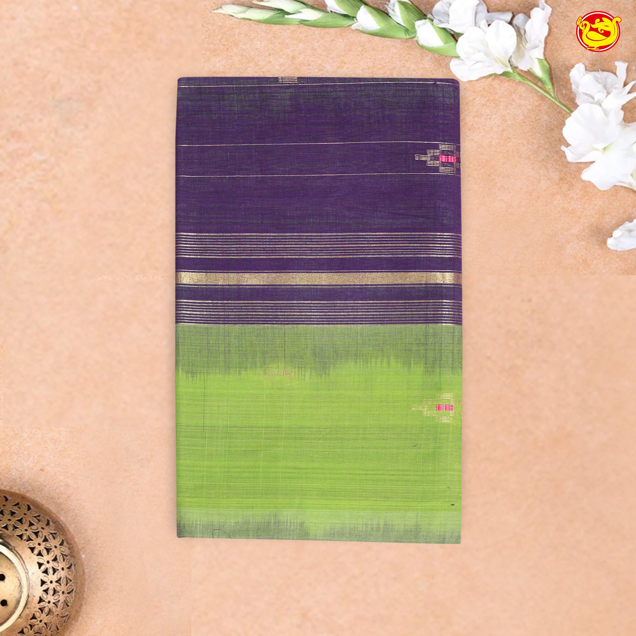 Purple with Green Traditional Buttas Venkatagiri Pure Cotton Saree without Blouse