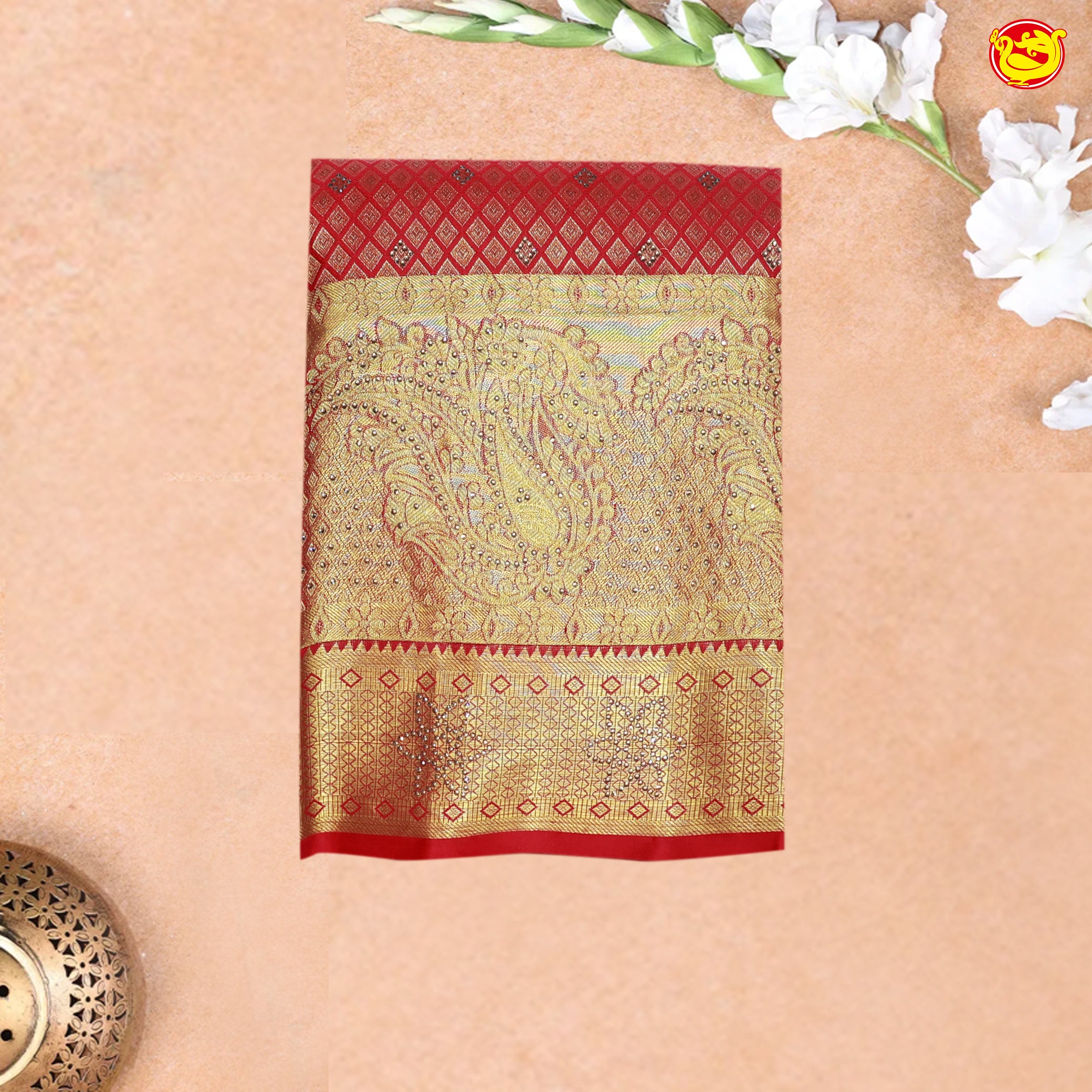 Tomato Red with Golden Stone Work Gold Zari Border Wedding Silk Saree