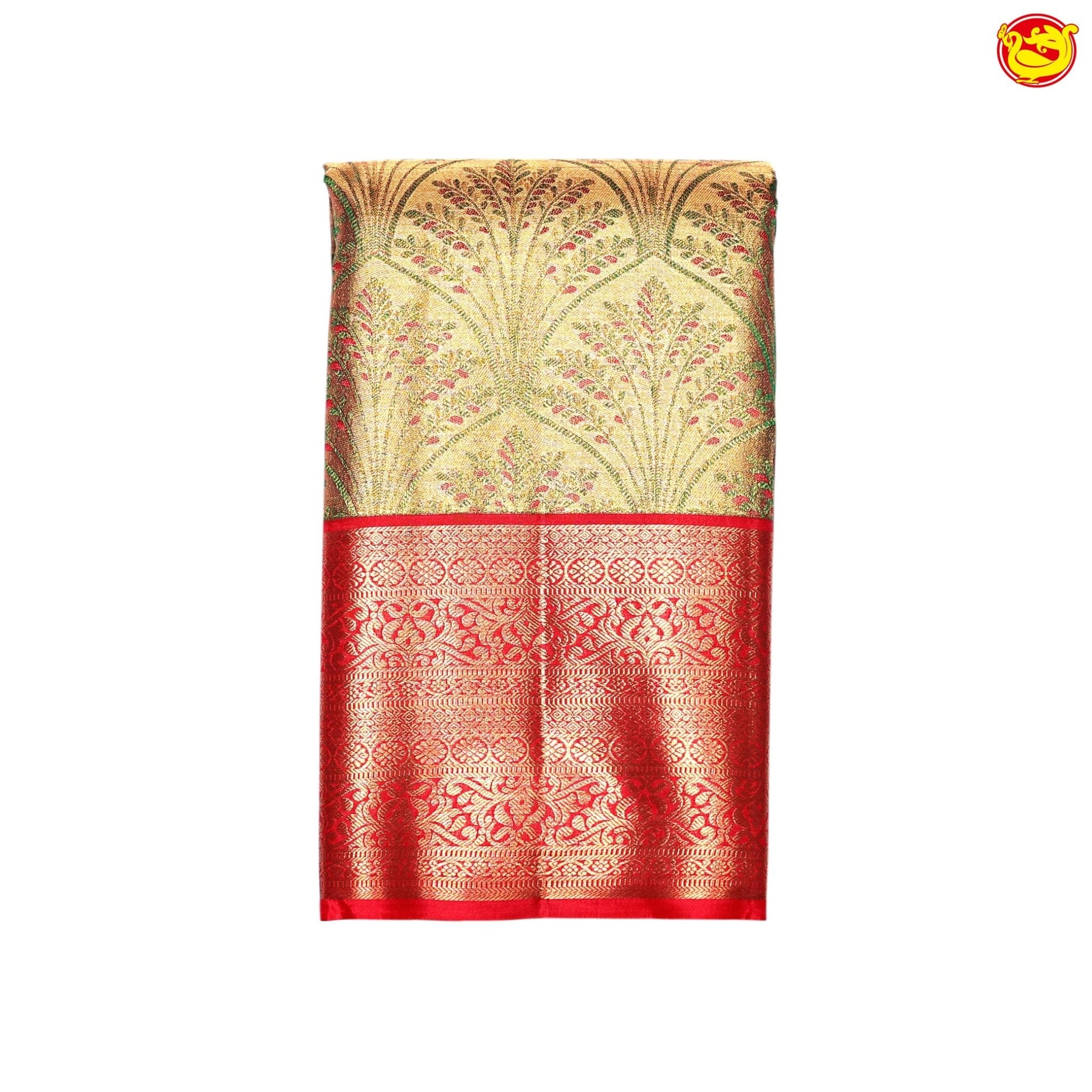 Golden Red Floral Motifs Gold Zari Traditional Floral Border Tissue Wedding Silk Saree