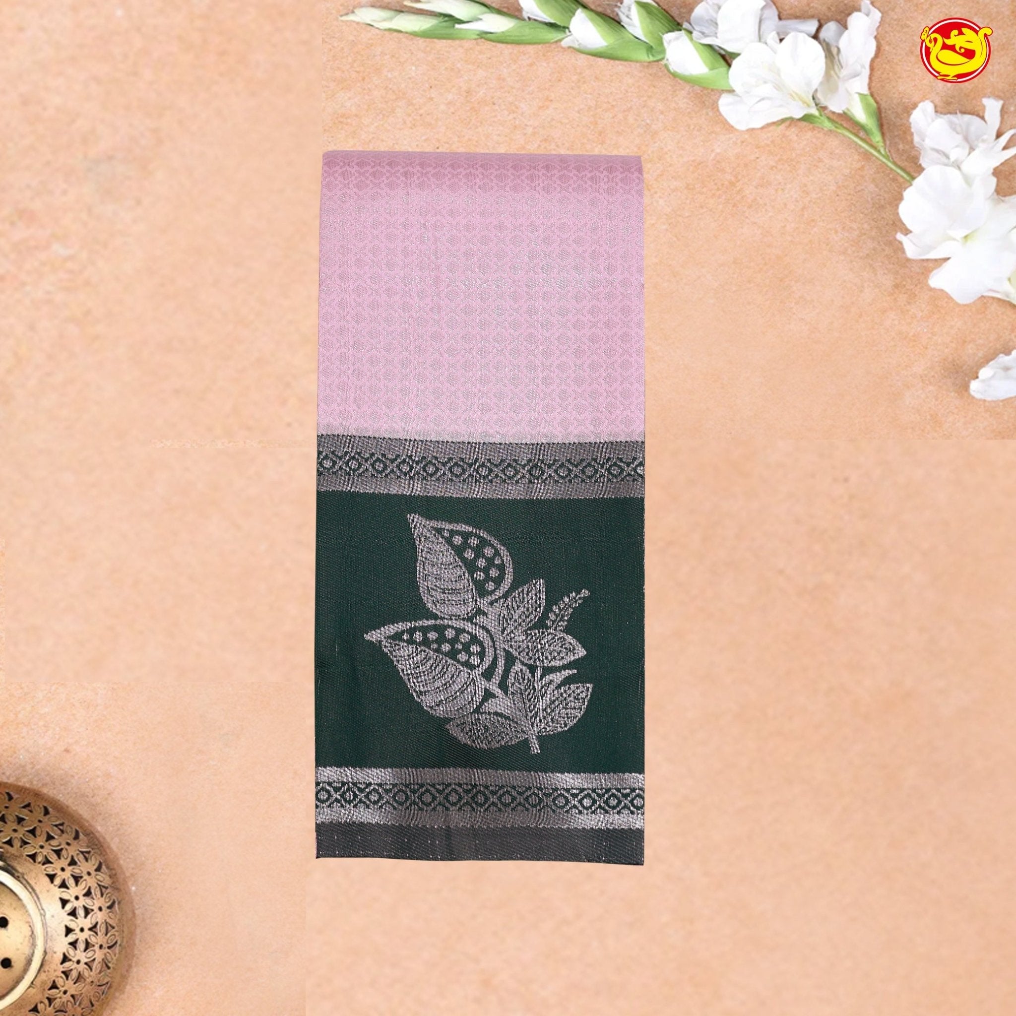 Rose Milk with Green Leaf's Border Kubera Pattu Saree