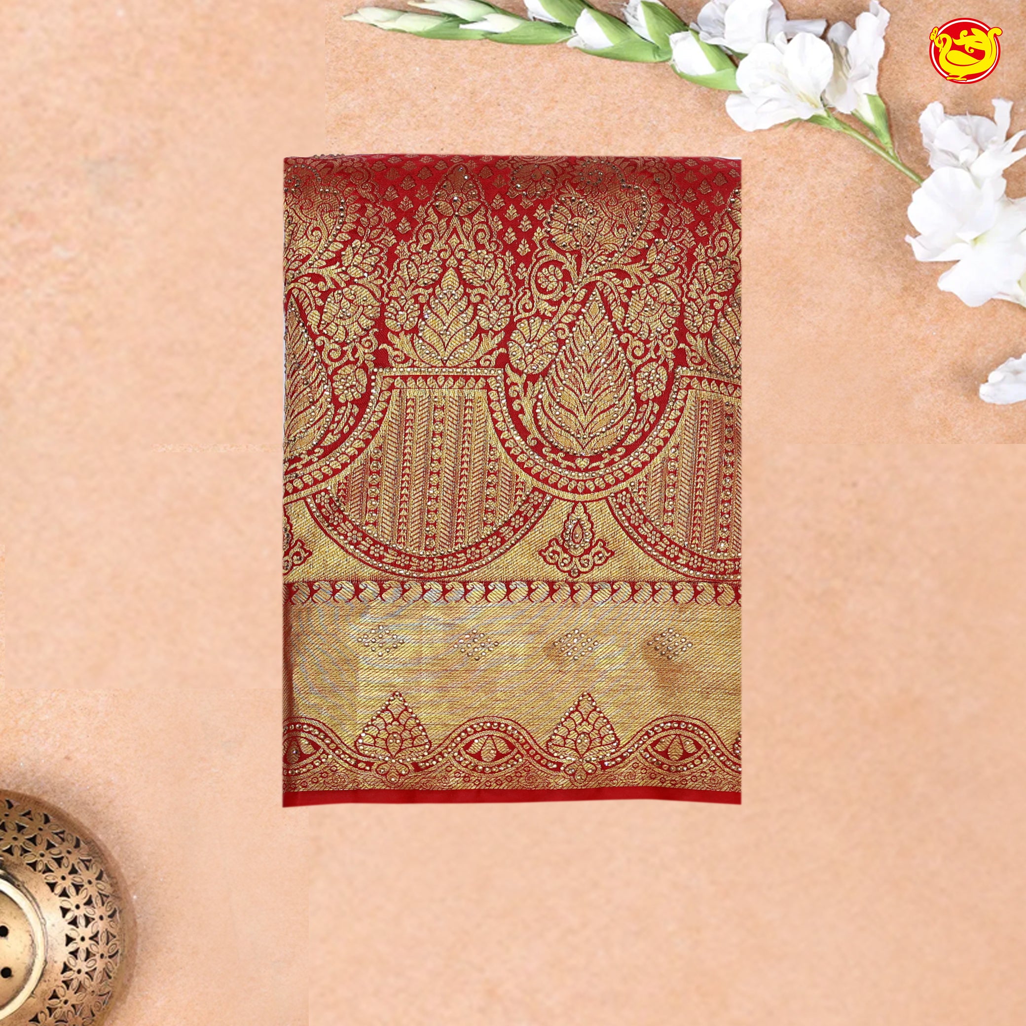 Red with Golden Stone work Gold Zari Wedding Silk Saree