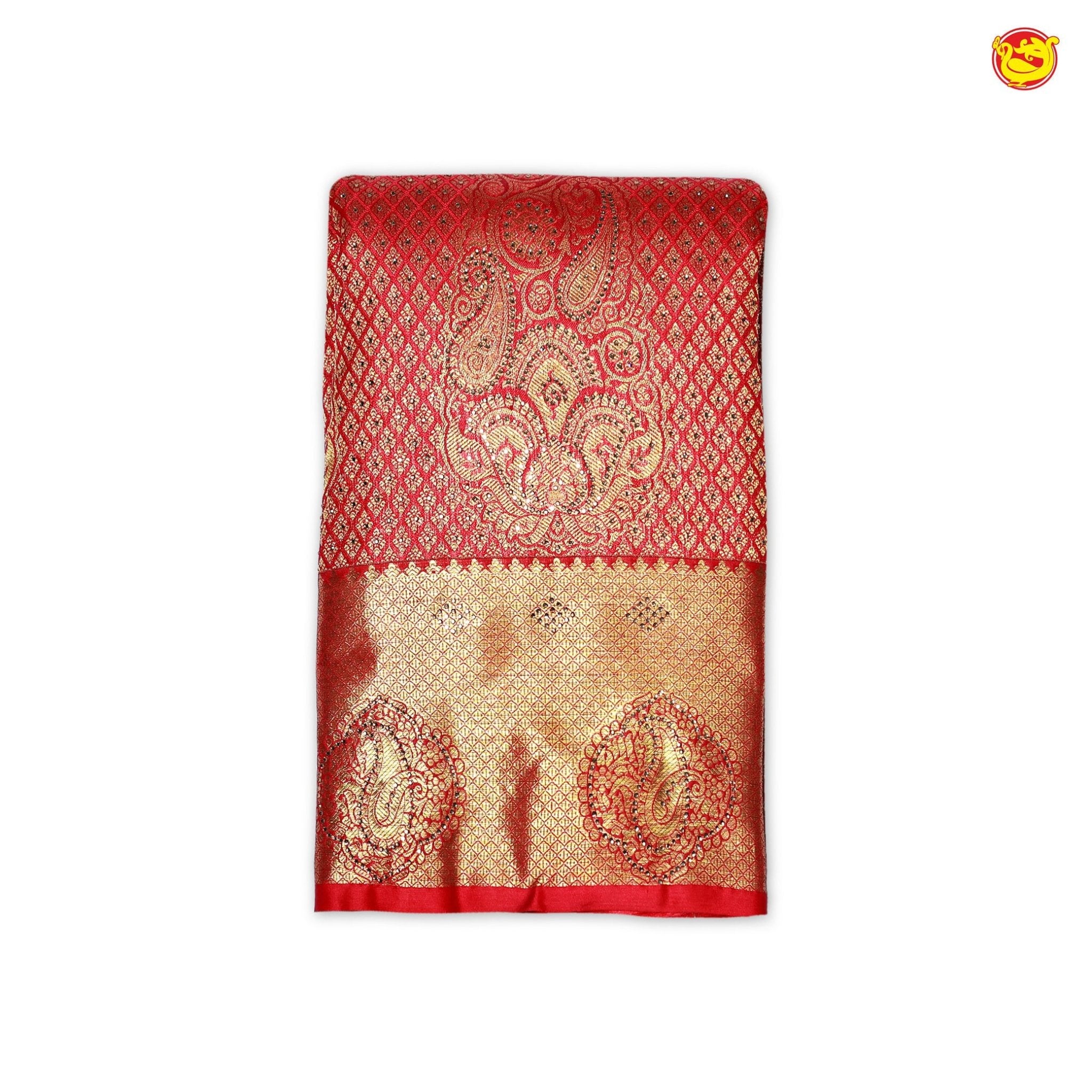 Light Red Rhombus Buttas Gold Zari Stone Border Pure Kanjivaram Subhalaya Wedding Silk Saree - Thenianantham