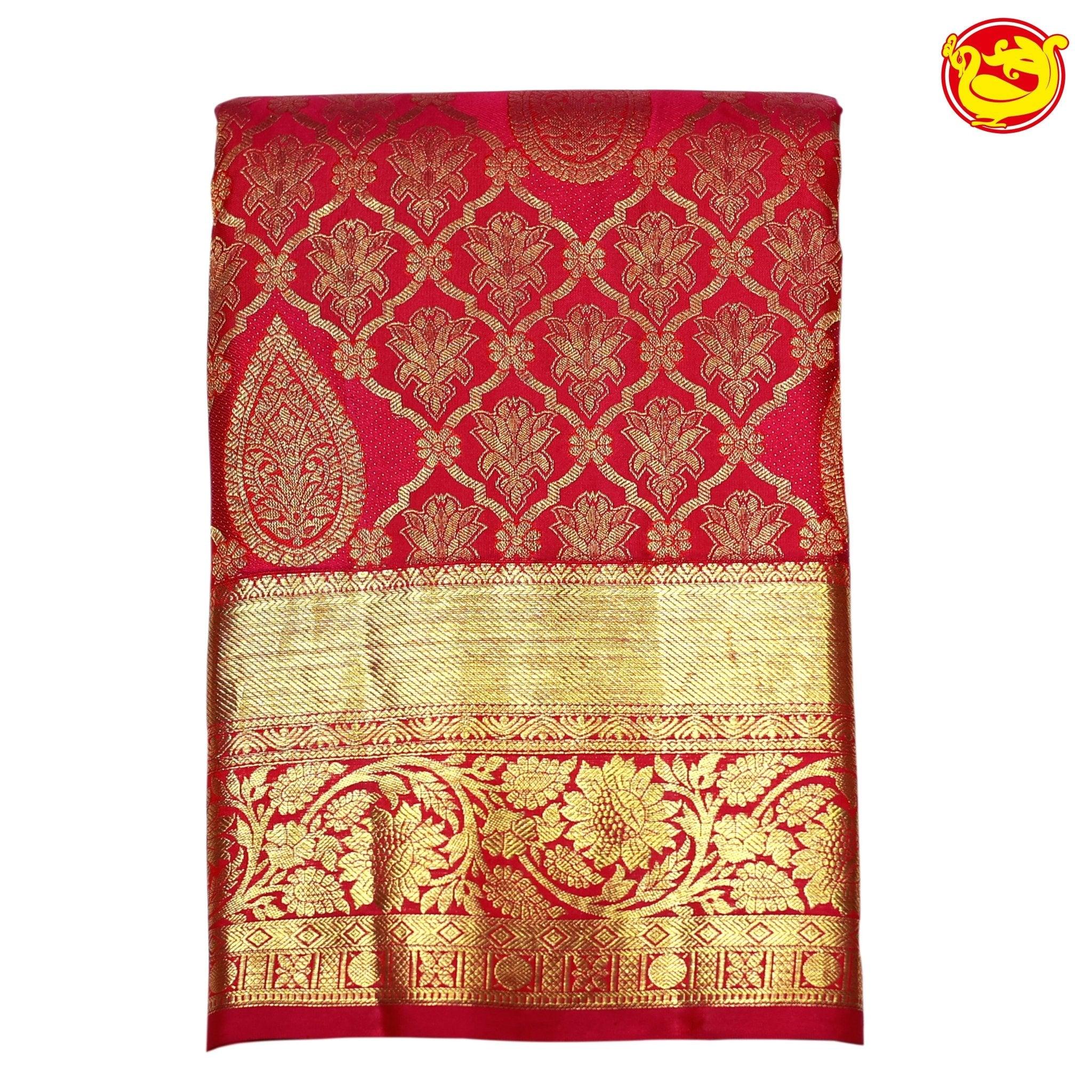 Red Rose Mango Motifs Gold zari Floral Border Pure Kanjivaram Wedding Silk Saree