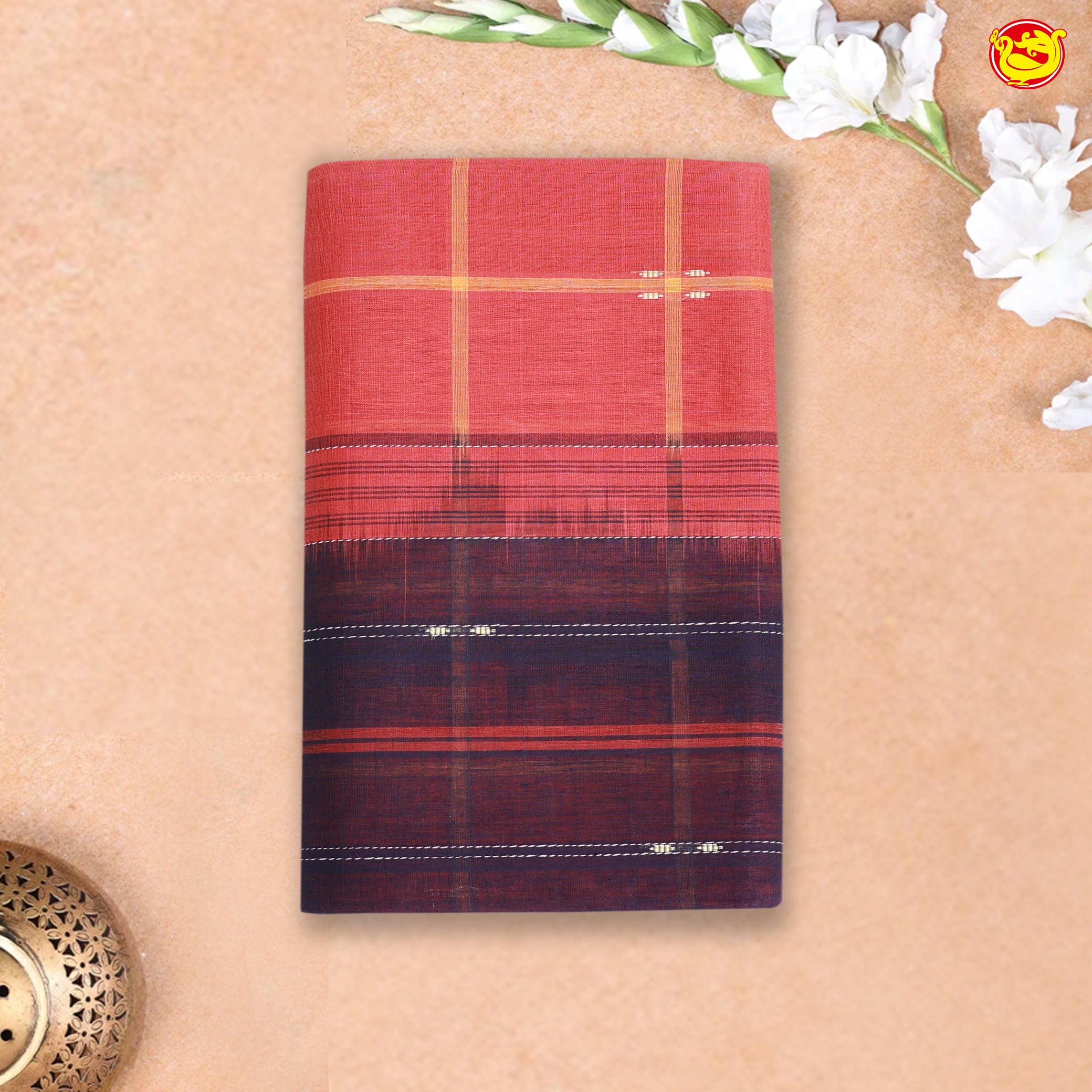 Classic Brick Red with Dark Brown Checked Venkatagiri Pure Cotton Saree without Blouse