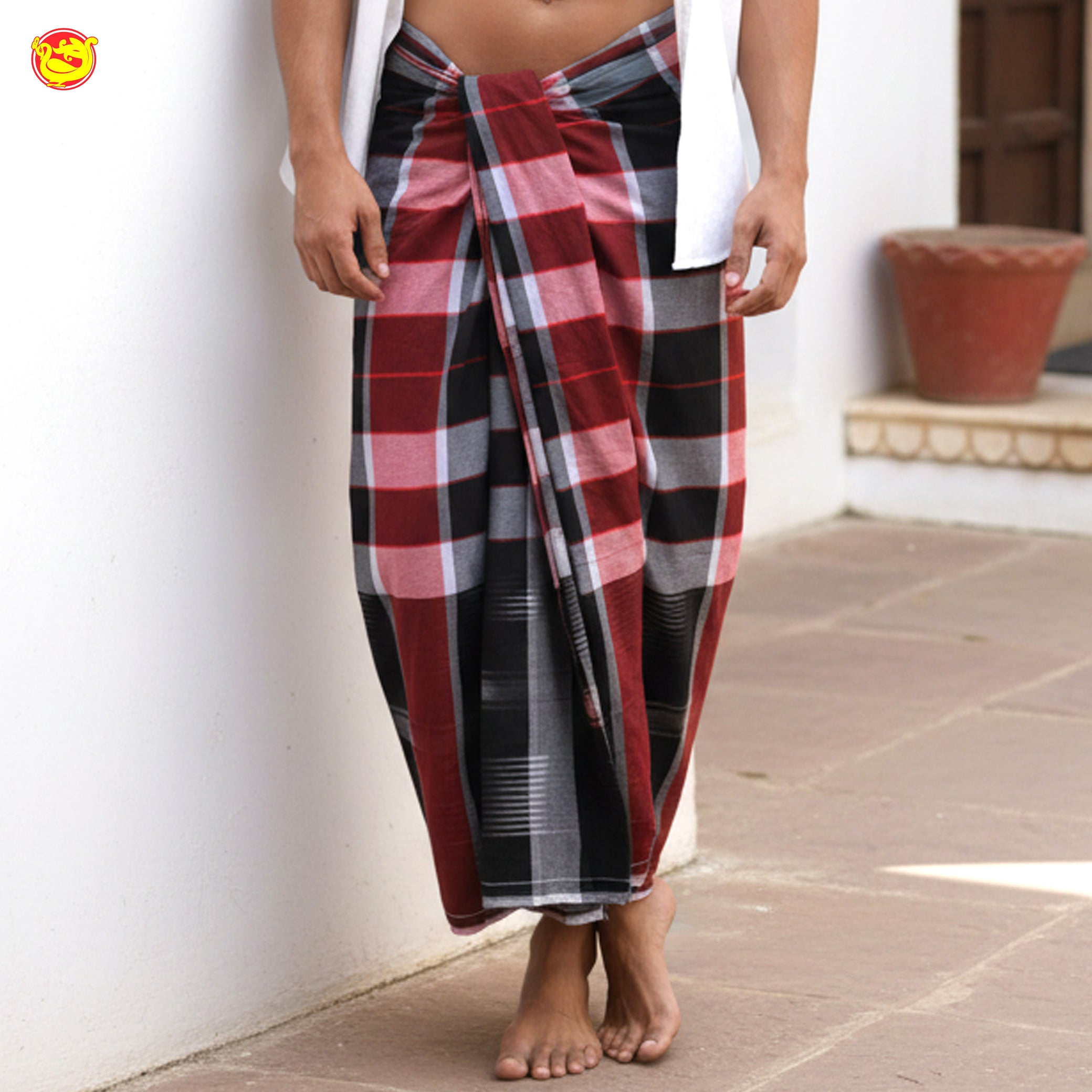 Men’s  Red with Block Checked Cotton Stitched Lungi
