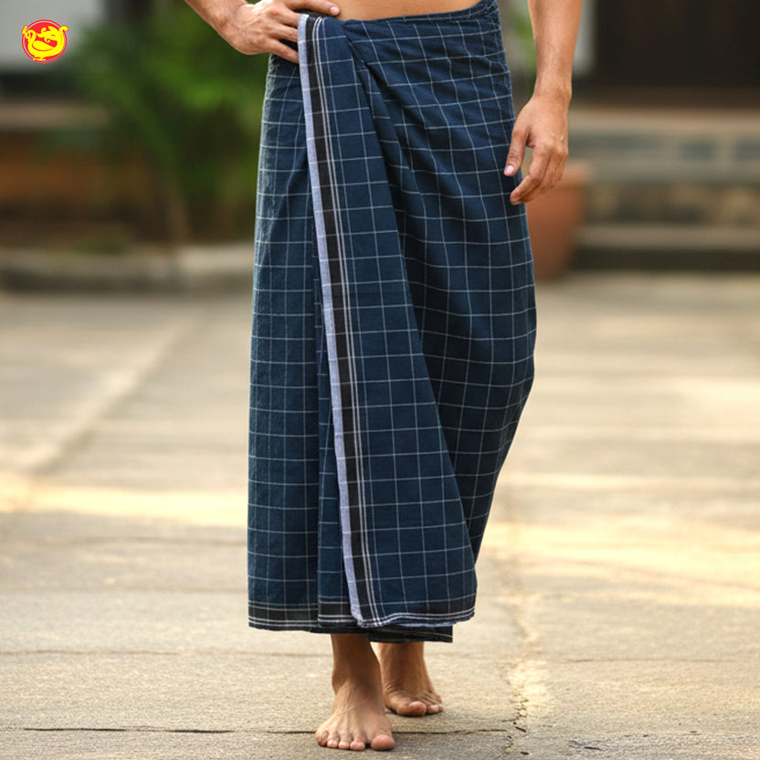 Men’s Navy Blue Checked Cotton Stitched Lungi
