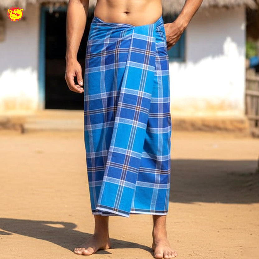 Men’s  Grey  with Brown Checked Cotton Stitched Lungi