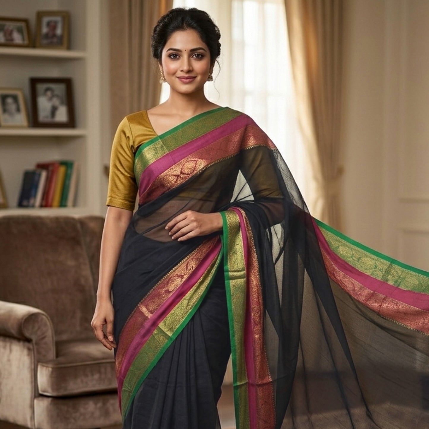 Black With Magenta & green Border  Mul Mul Cotton Saree