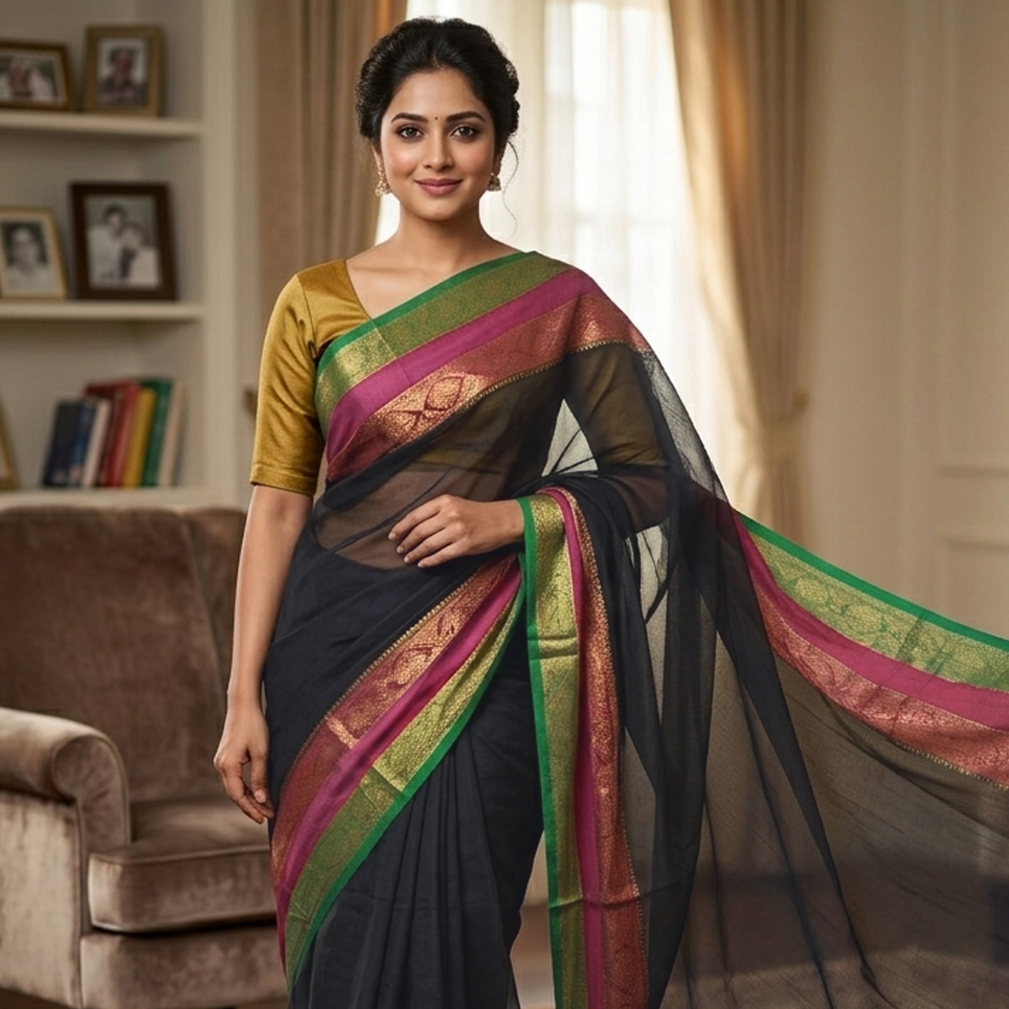 Black With Magenta & green Border  Mul Mul Cotton Saree