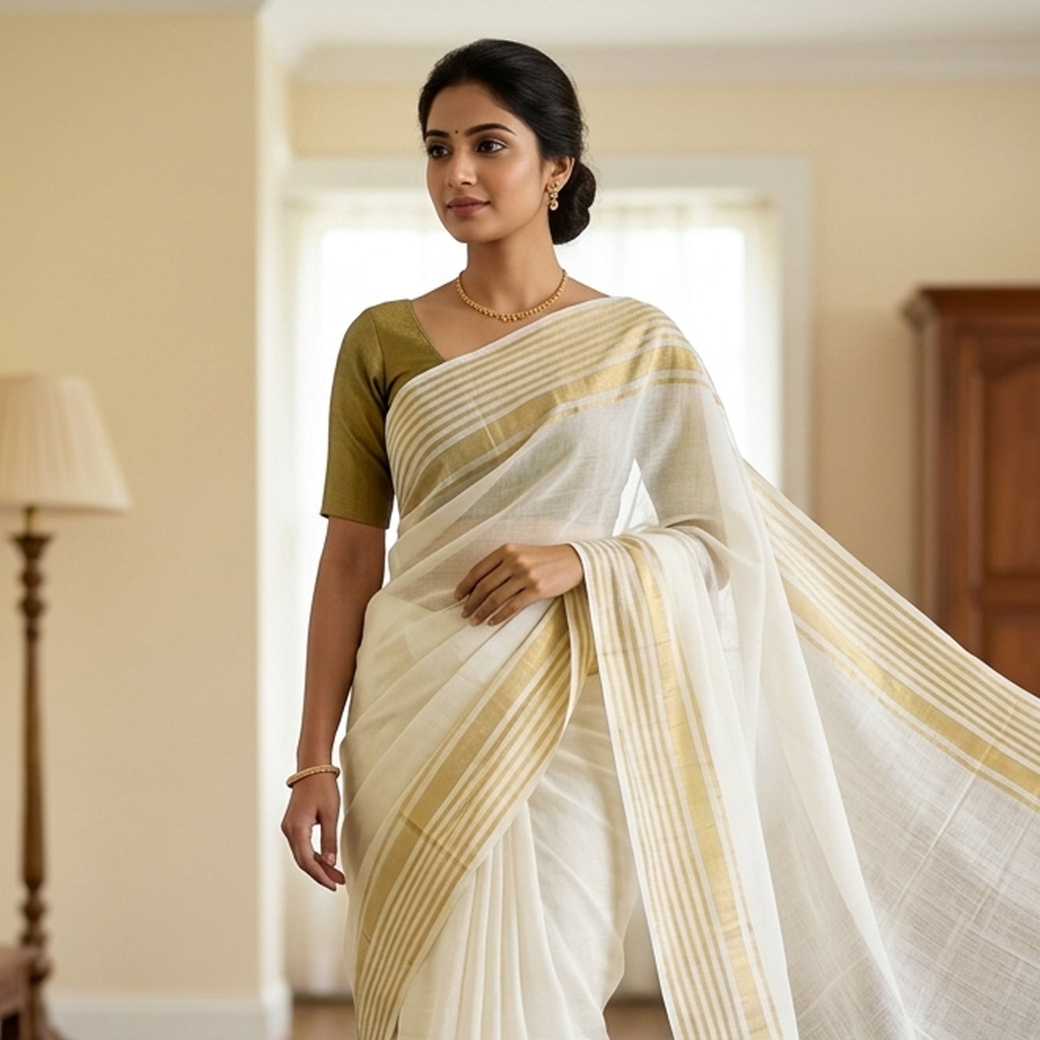 Off White With Gold Border  Mul Mul Cotton Saree