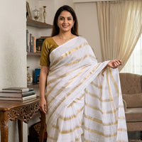 Off White With Gold Zari Stripes Mul Mul Cotton Saree