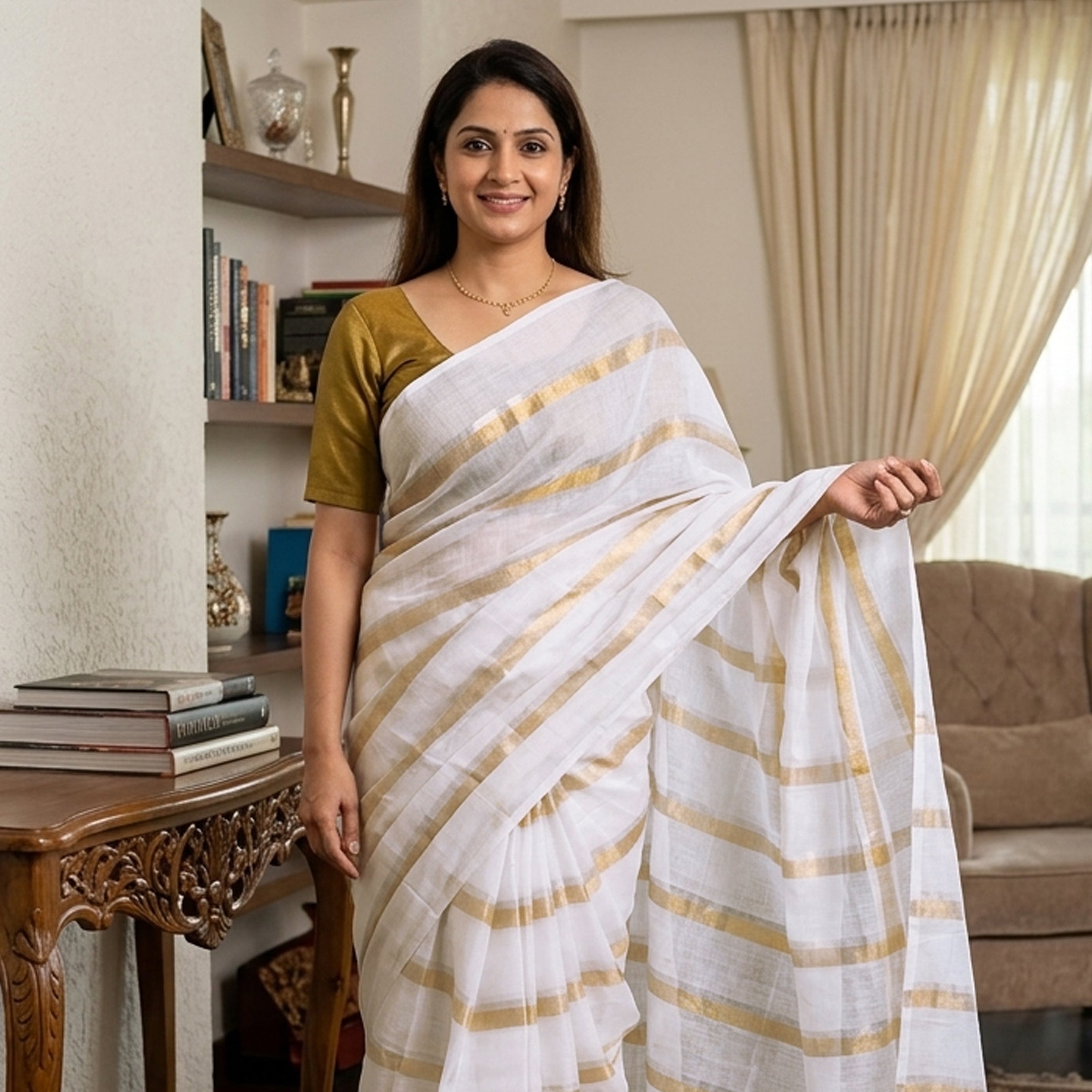 Off White With Gold Zari Stripes Mul Mul Cotton Saree