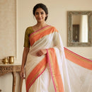 Off White With Orange Mul Mul Cotton Saree