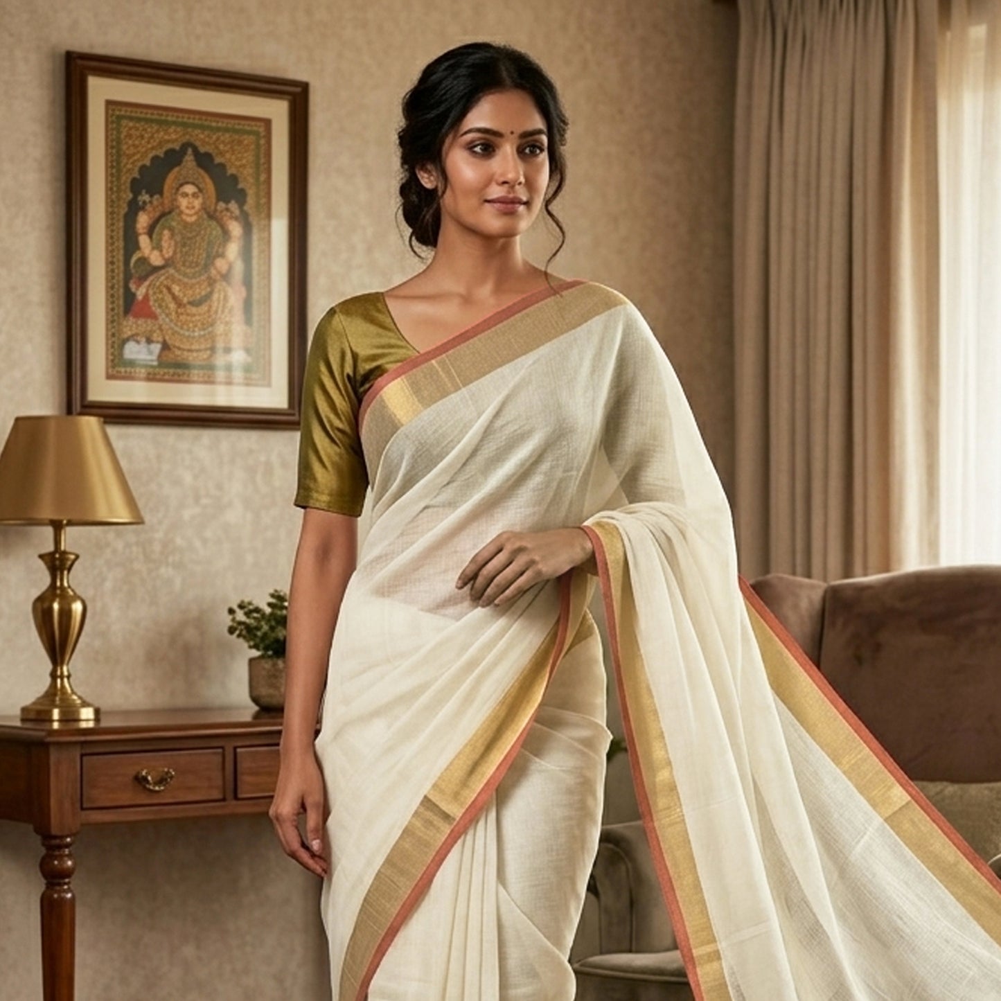 Off White With Gold Border  Mul Mul Cotton Saree