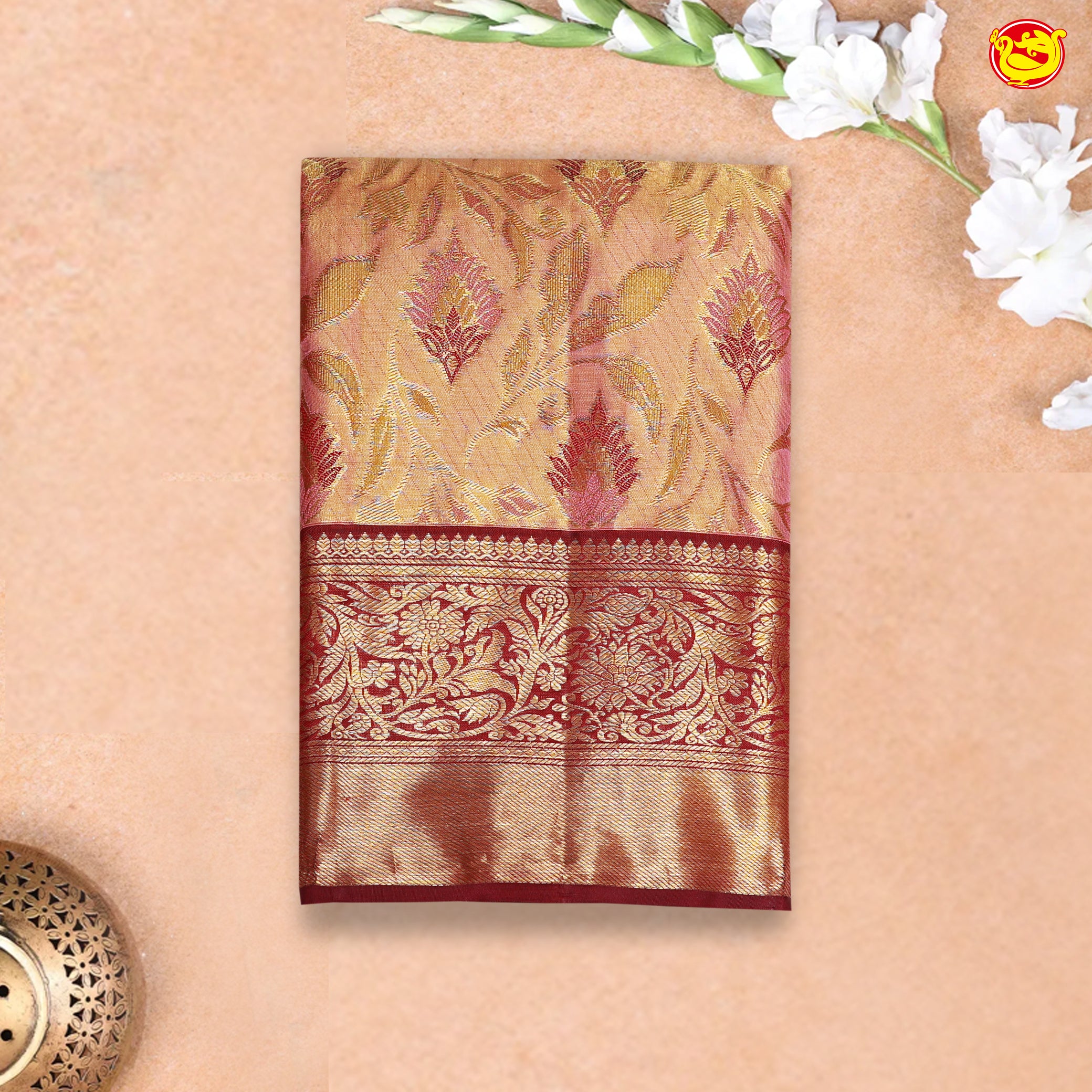 Honey Brown Floral Motifs Tissue Wedding Silk Saree