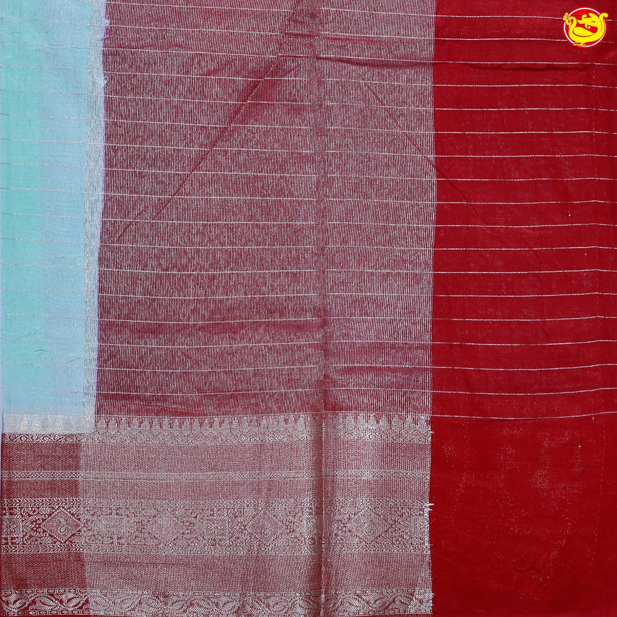 Ice Blue Horizontal Strips Motifs Silver Zari Floral Border Raw Silk Saree with Double Blouse