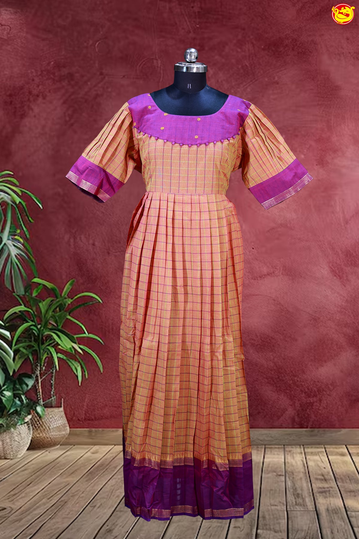 Orange with Vadamali Ladies Branded Readymade Chettinad Cotton Pleated Gown