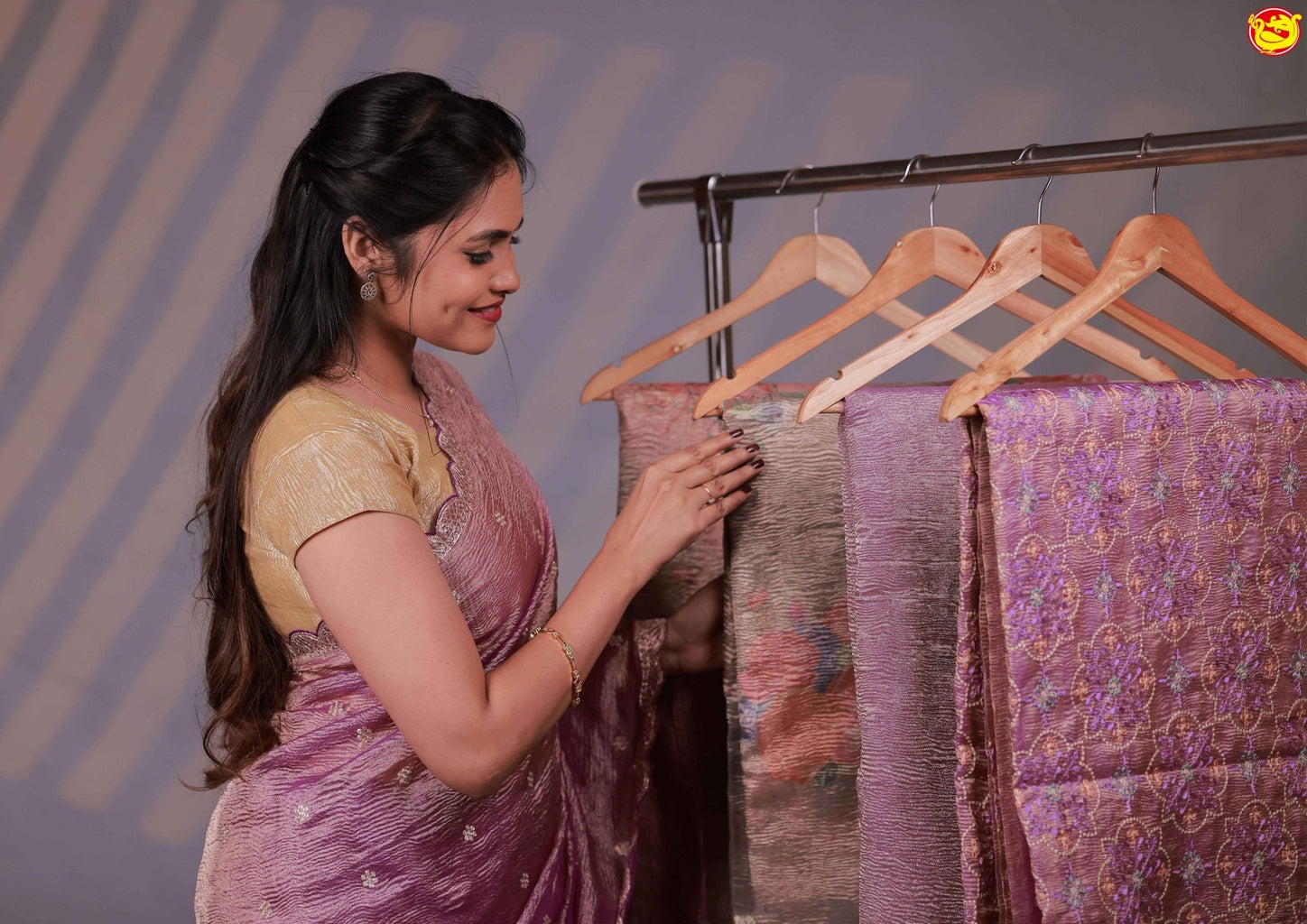 Purple With Cutwork Border With Zari Handwork Floral Design Tissue Crush saree