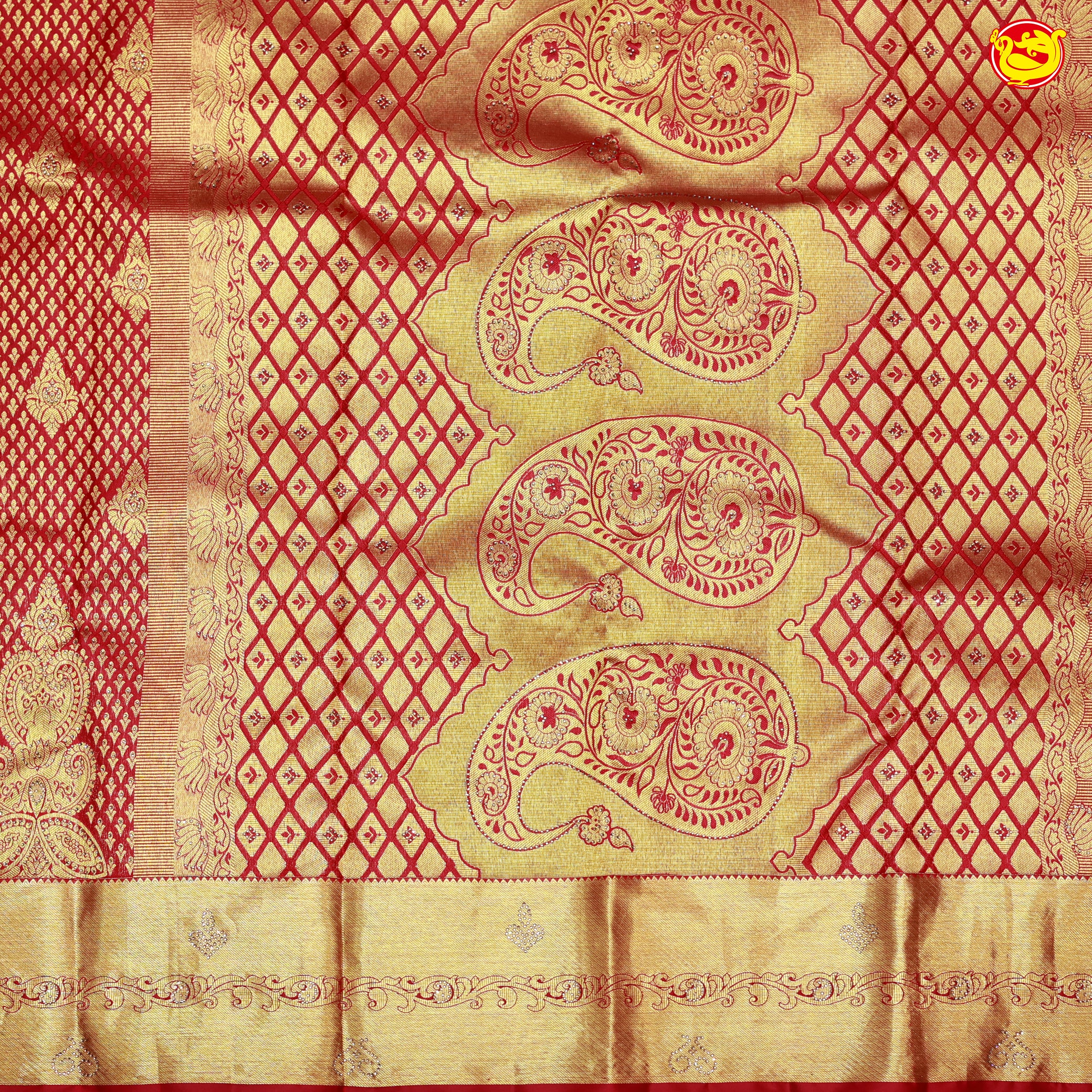 Cherry Red with Golden Stone Work Gold Zari Border Wedding Silk Saree