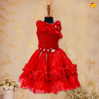 Red Beautiful Embroidery Work Girls Branded Readymade Frock - Thenianantham