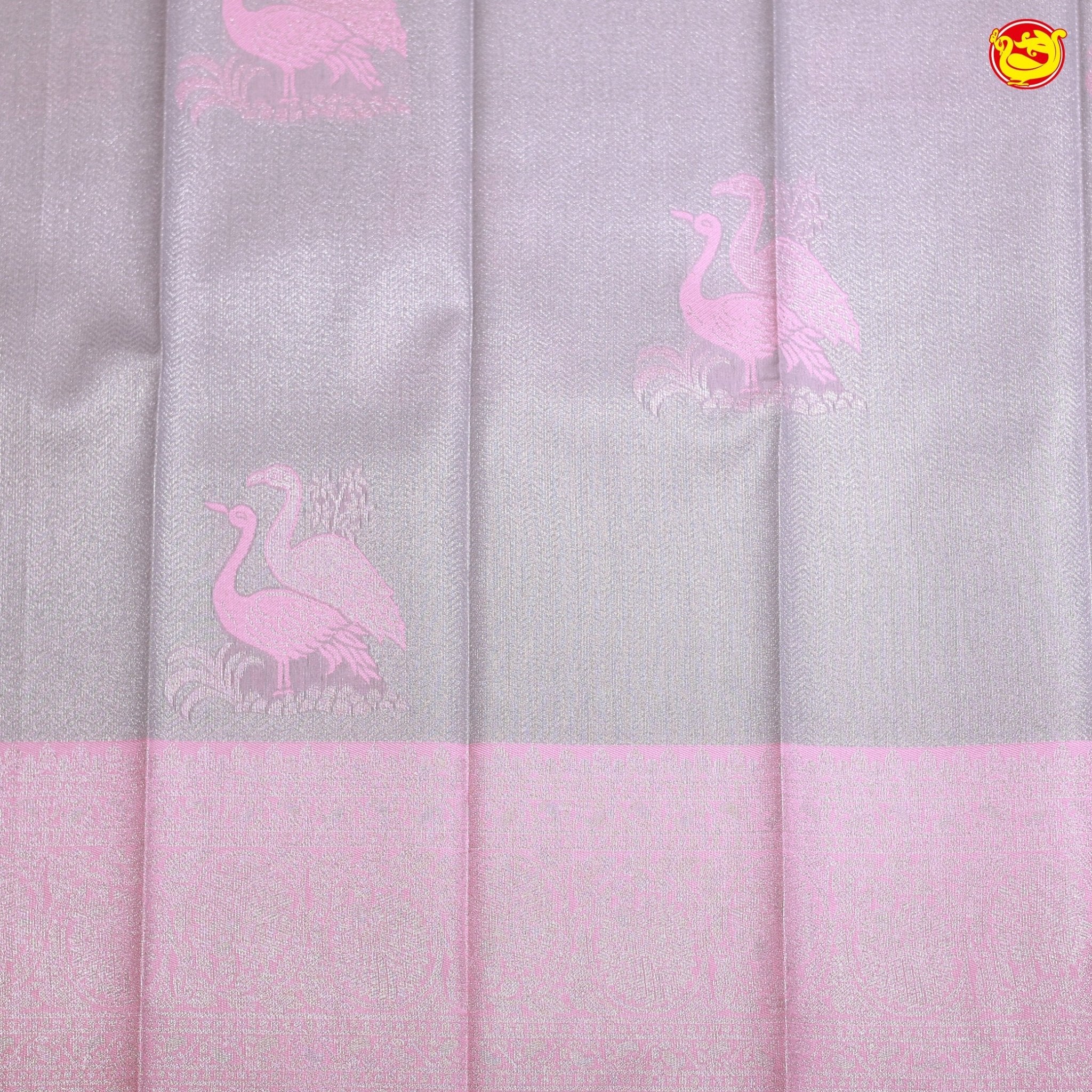 Grey with Pink Flamingo motifs Kubera Pattu Saree - Thenianantham