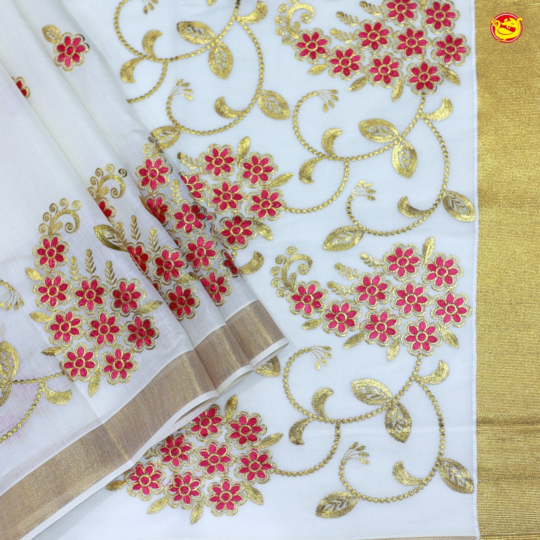 Southloom Exclusive Onam Kasavu Saree with Pink Floral High Quality Embroidery Across Body (Matching Plain Blouse Included) - Thenianantham