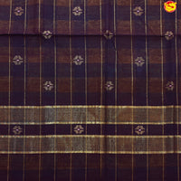 Green and Yellow Checked Gold Zari Border Brown Floral Pallu Venkatagiri Pure Cotton without Blouse - Thenianantham