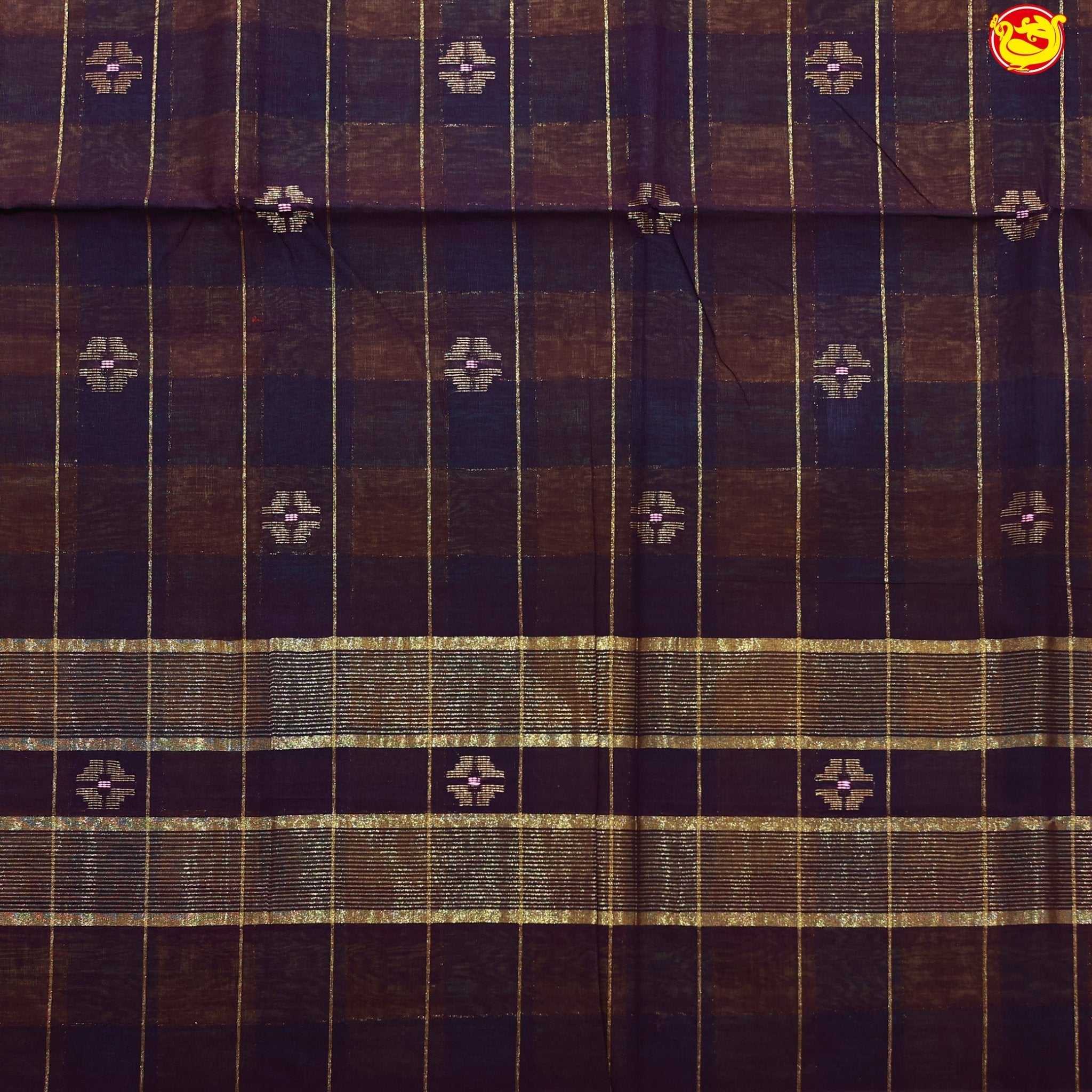 Green and Yellow Checked Gold Zari Border Brown Floral Pallu Venkatagiri Pure Cotton without Blouse - Thenianantham