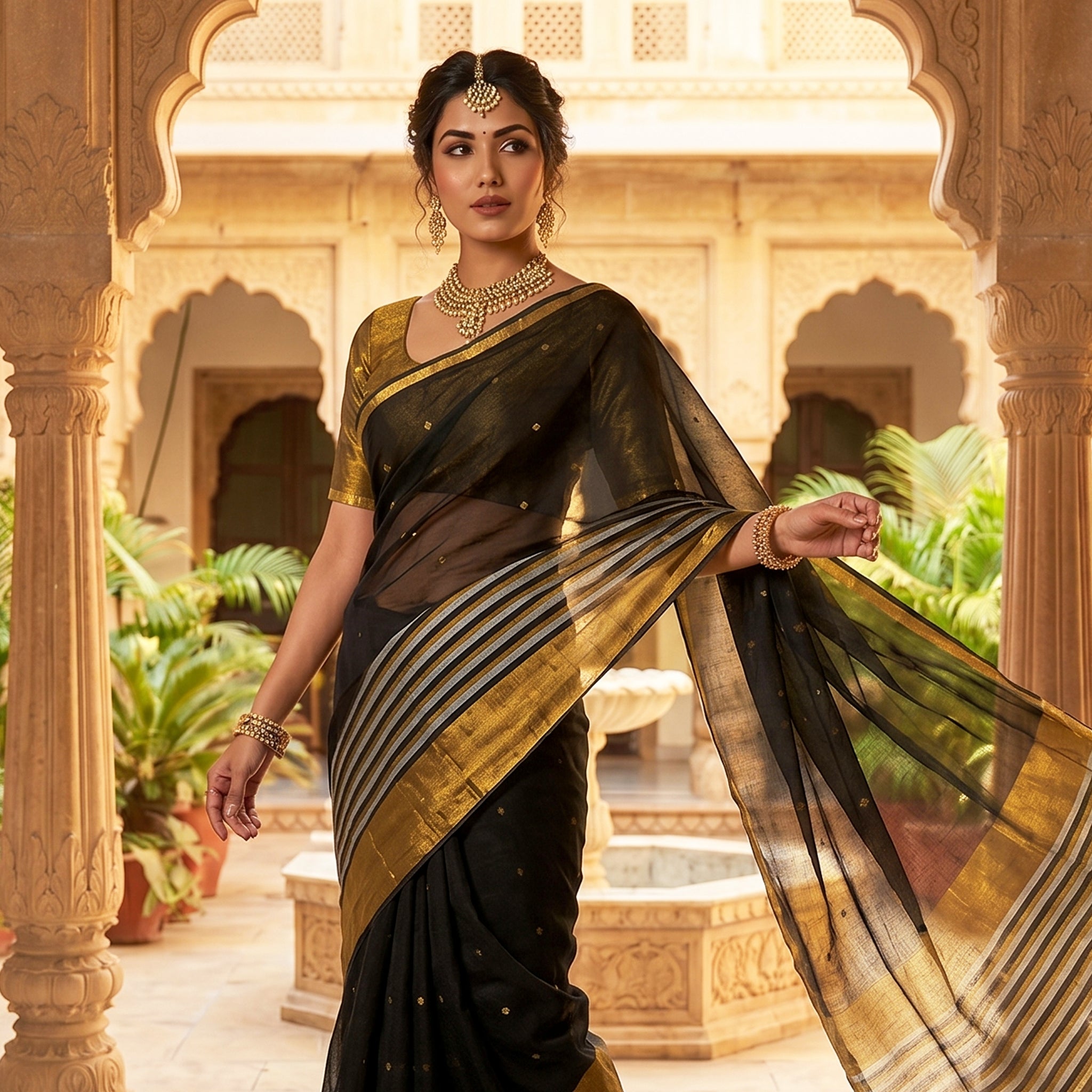 Black With Gold Colour  Mul Mul Cotton Saree