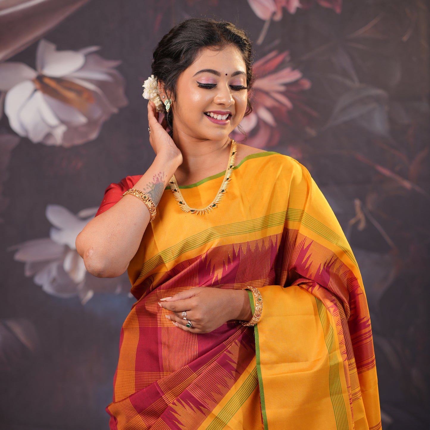 Red With Yellow pure Arani silk saree