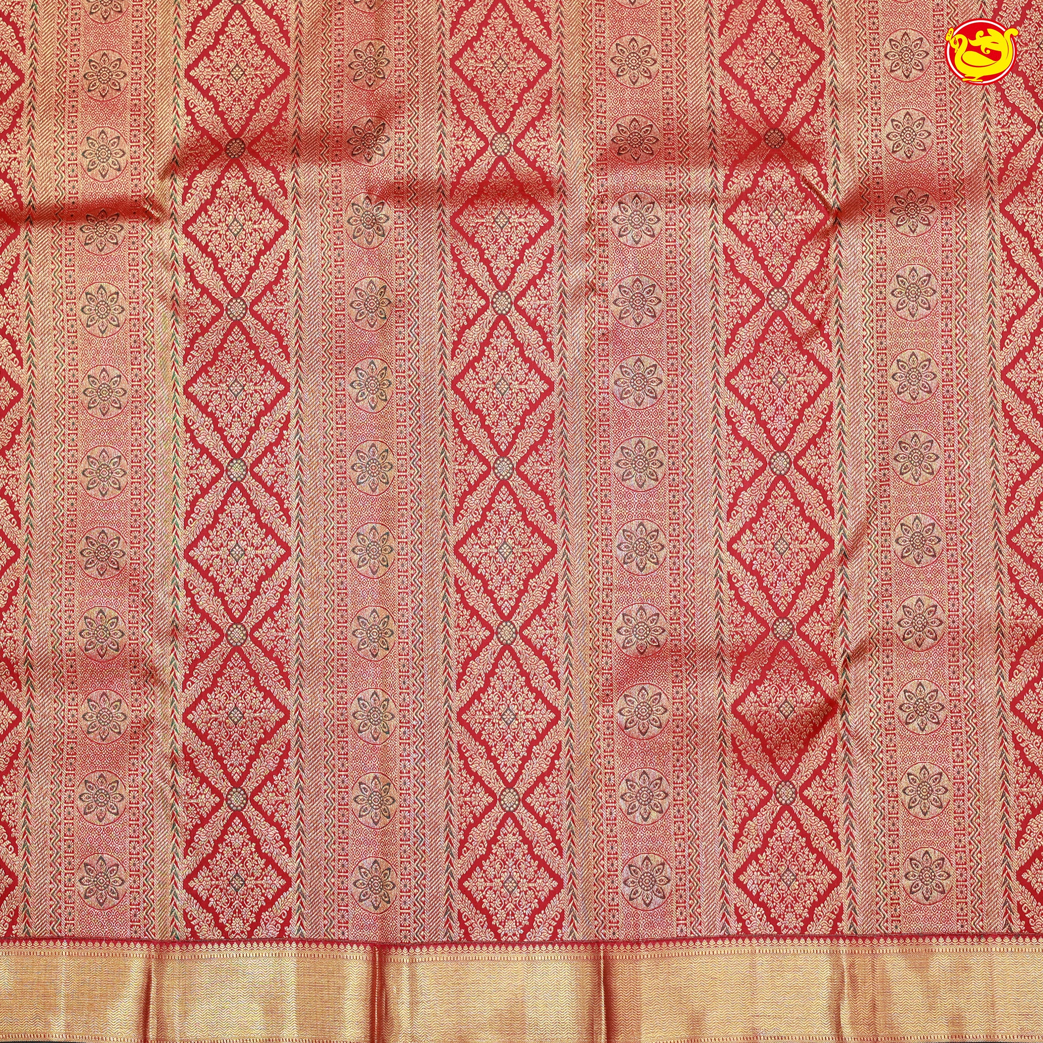 Cherry Red with Golden Zari Long Border Wedding Silk Saree