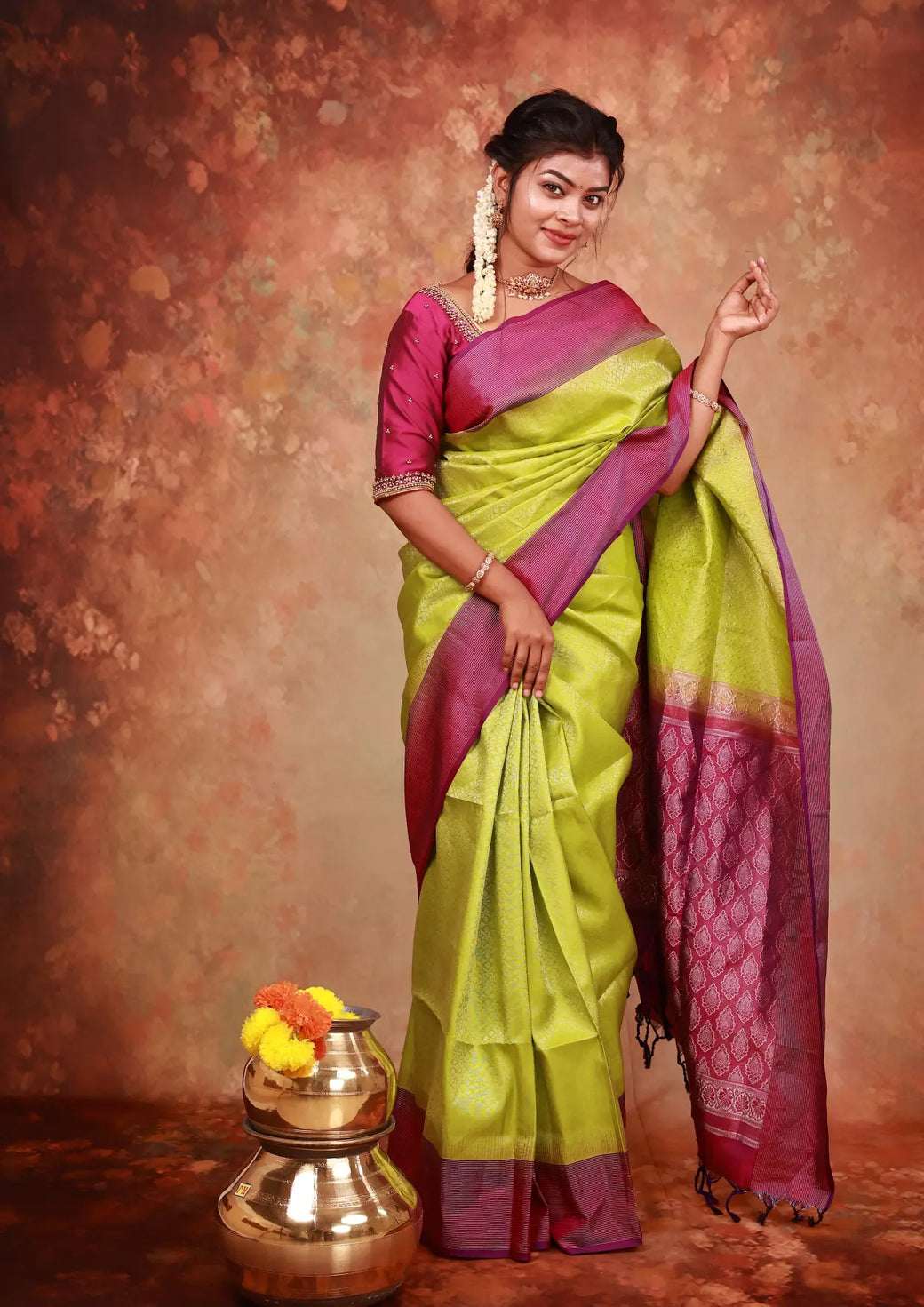 Lime Green With  Dark Purple Silver Zari Border Yuvana Semi Soft Silk Saree