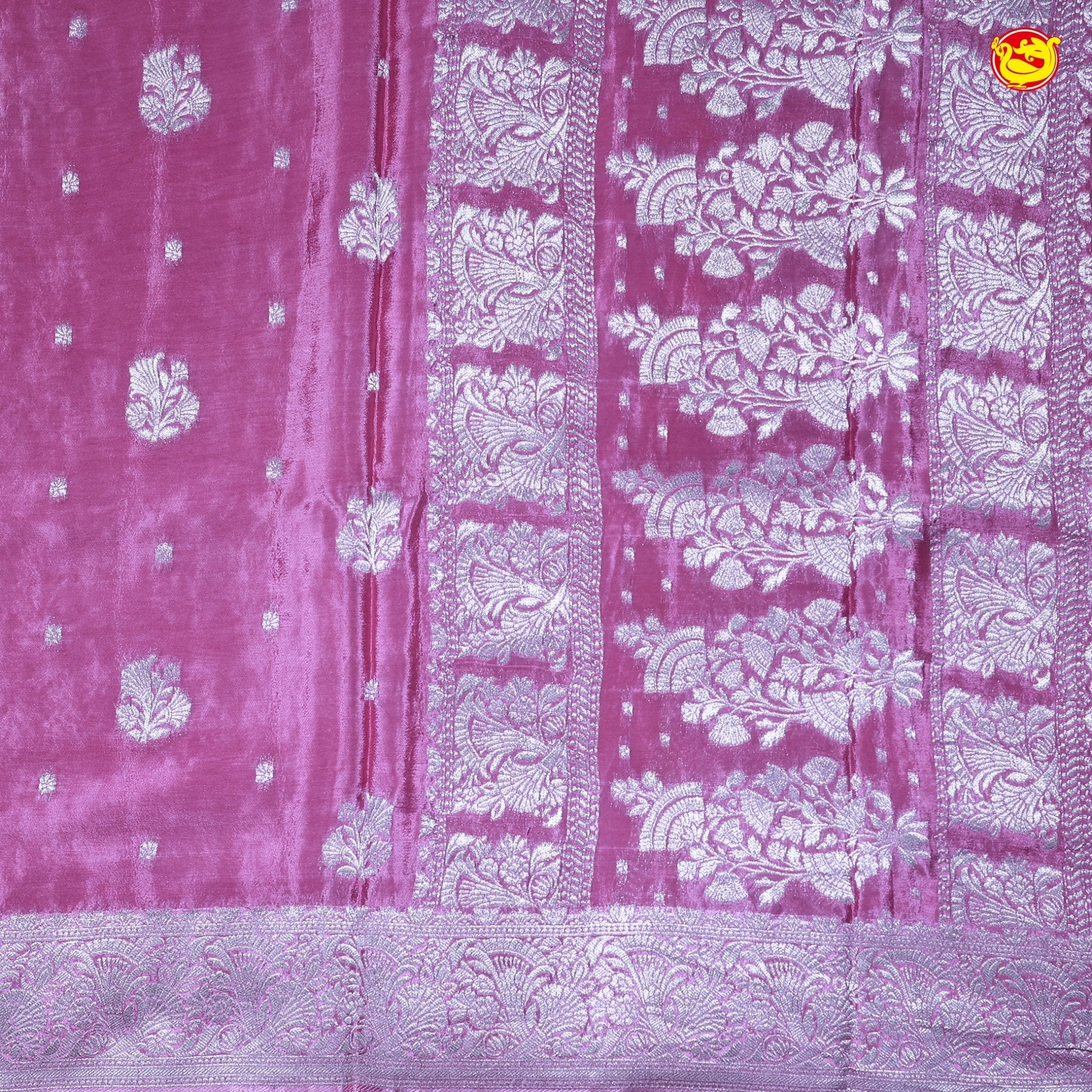 Party Pink Buttas Motifs Silver Zari Rich Pallu with Floral Border Georgette Saree - Thenianantham