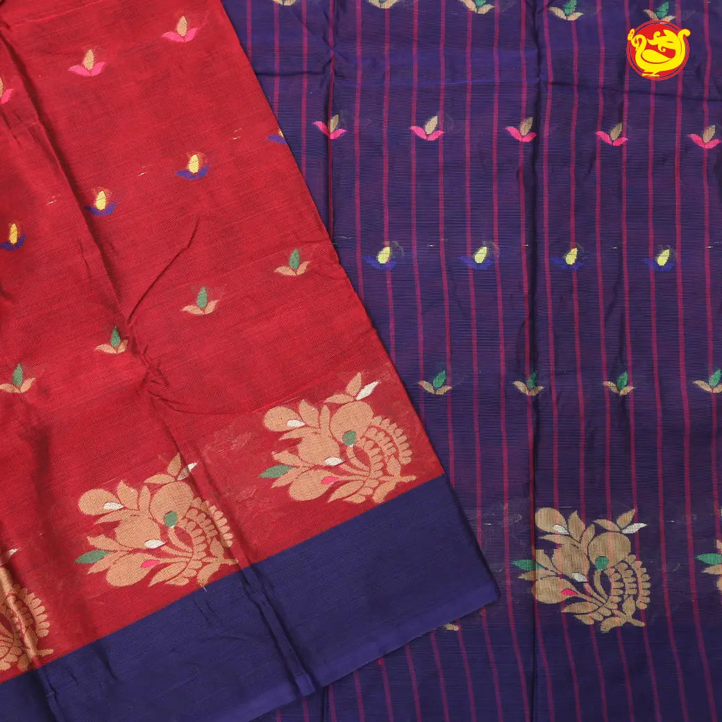 Brownish-Red With Blue  Pure Bengal Cotton Saree without Blouse