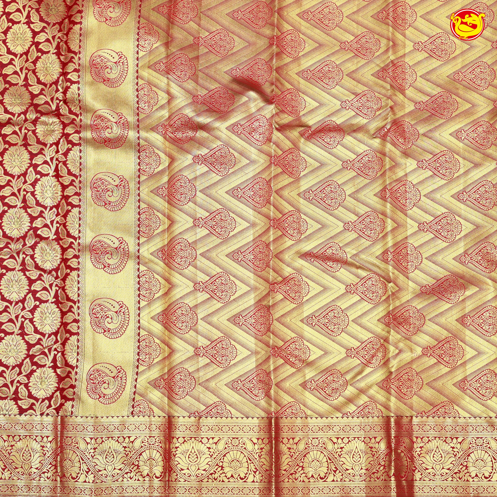 Dark red With Gold Zari Floral Border Wedding Silk Saree